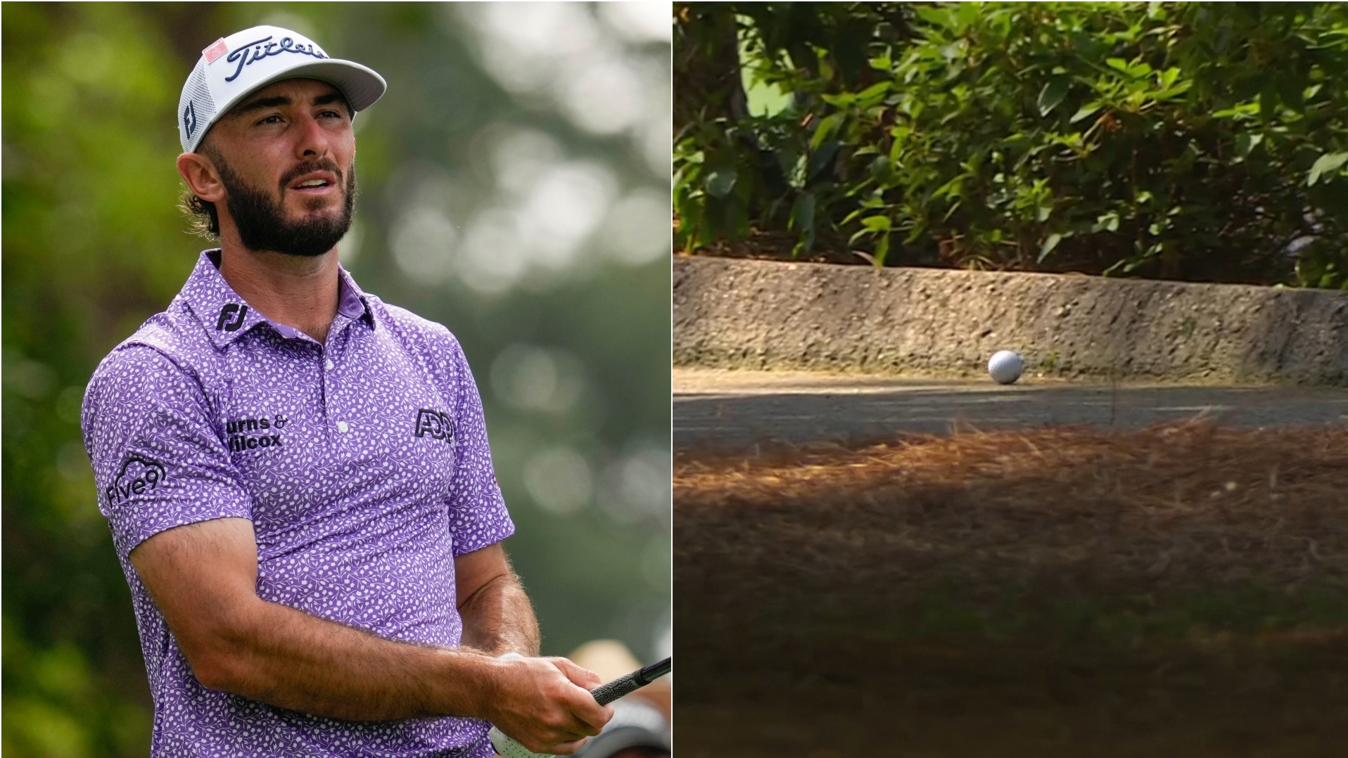 Max Homa's errant tee shot trickles backward down the cart path