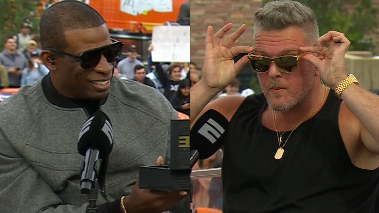 Deion Sanders and Pat McAfee exchange custom shades, Buffalo belt buckle