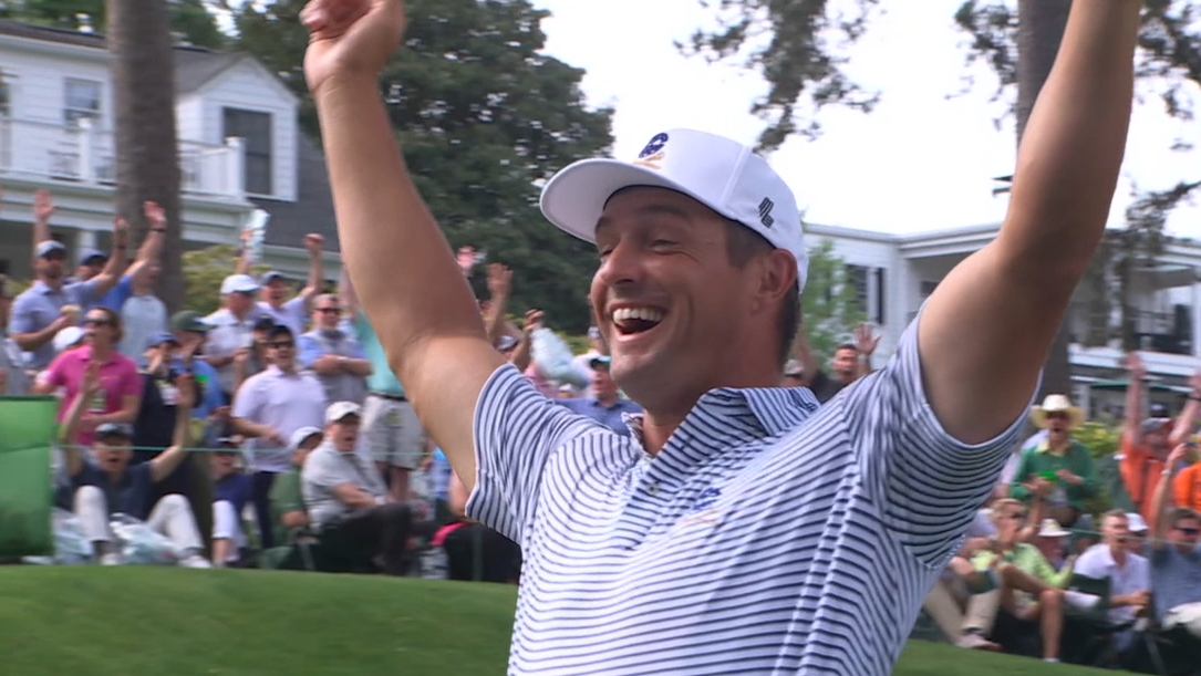 DeChambeau celebrates a slam dunk tee shot