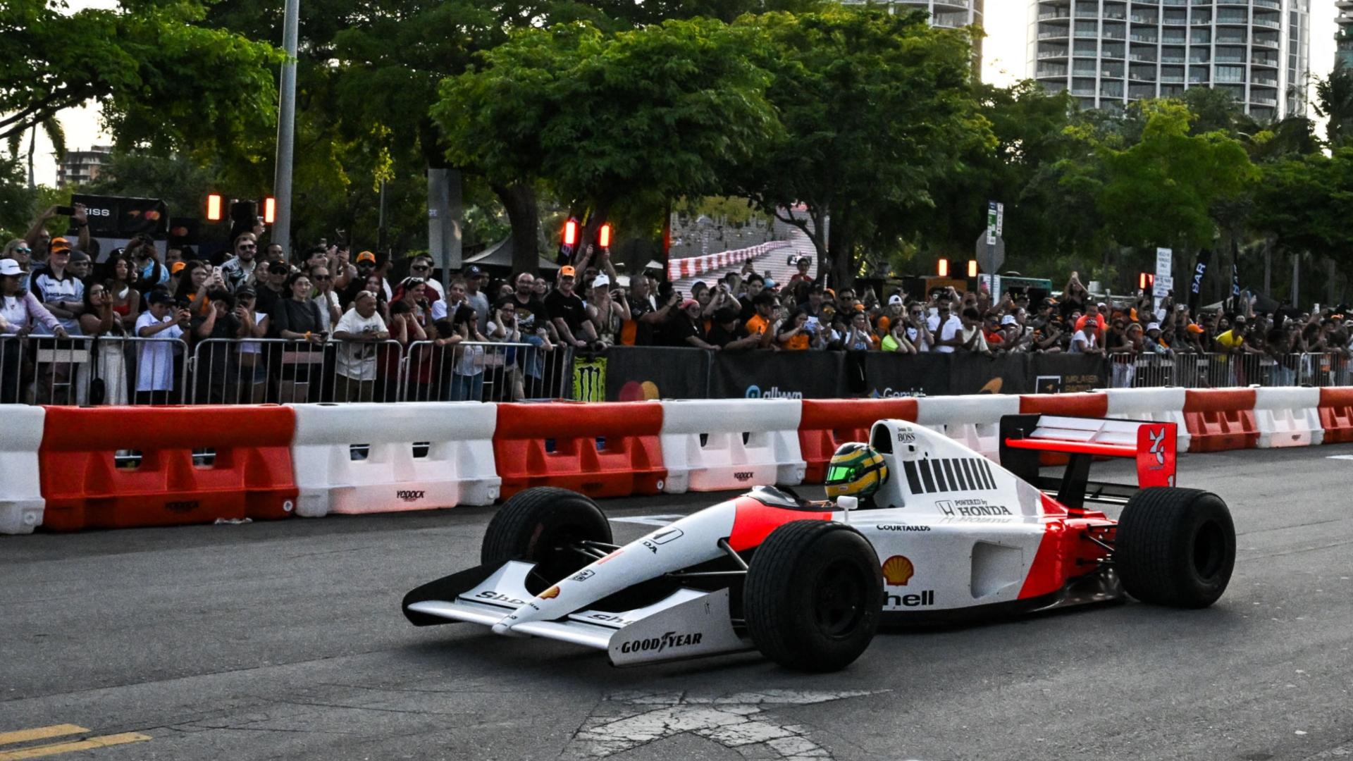 Bruno Senna drives Ayrton Senna's 1991 McLaren in Miami
