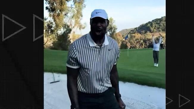 LeBron fired up after sinking tough chip for birdie