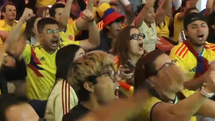 Colombia fans in Bogota celebrate late goal vs. DR Congo