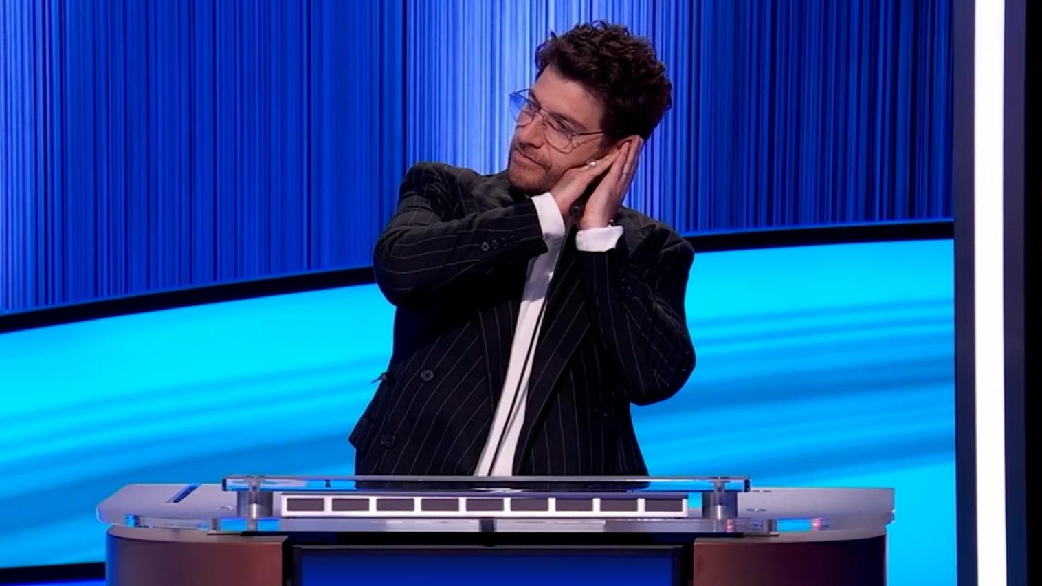 Adam Pally does 'night night' celebration to answer a question on 'ESPN Jeopardy'