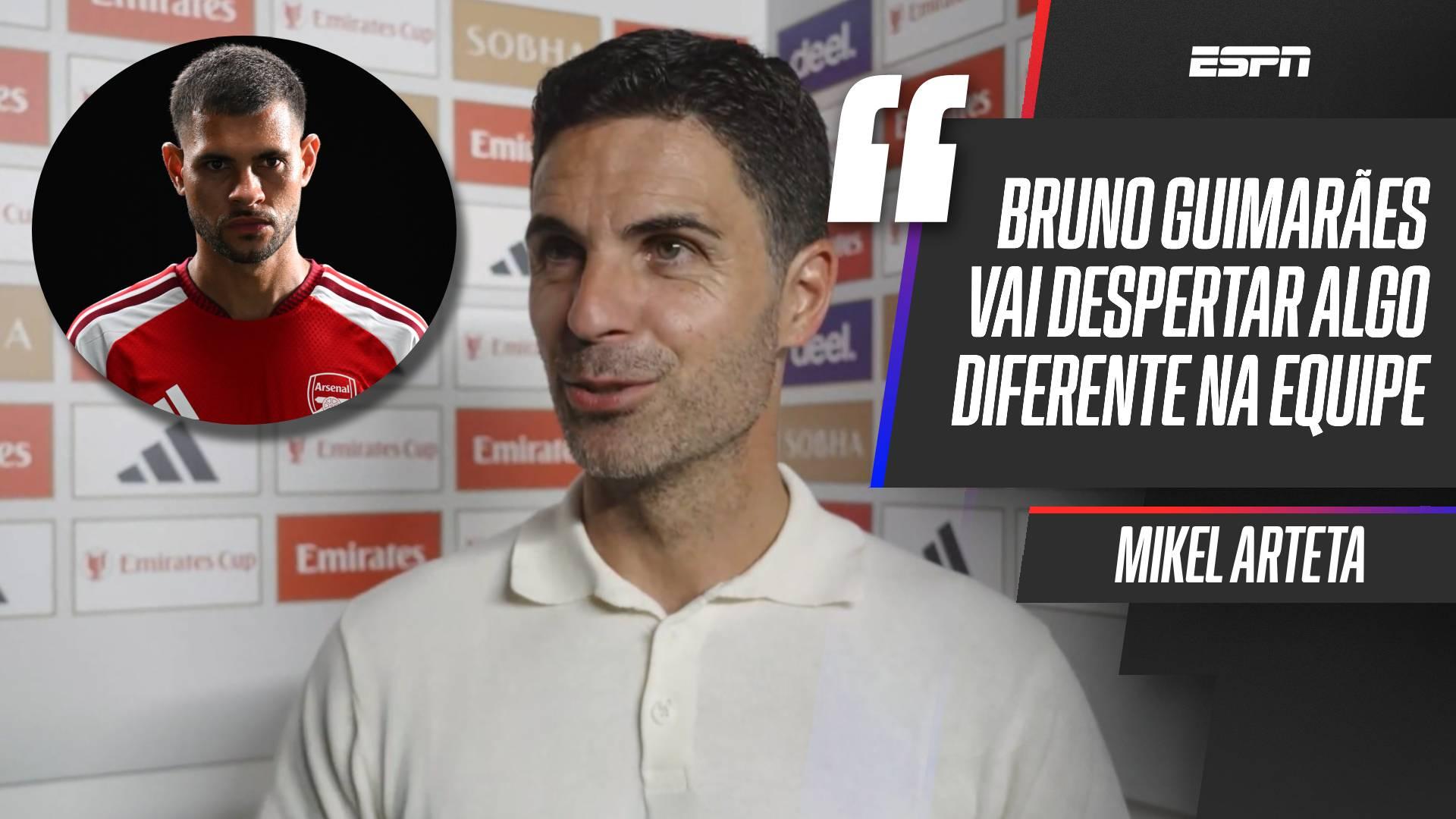 Arteta rasga elogios a Bruno Guimarães após apresentação no Arsenal: 'Jogador que precisamos'