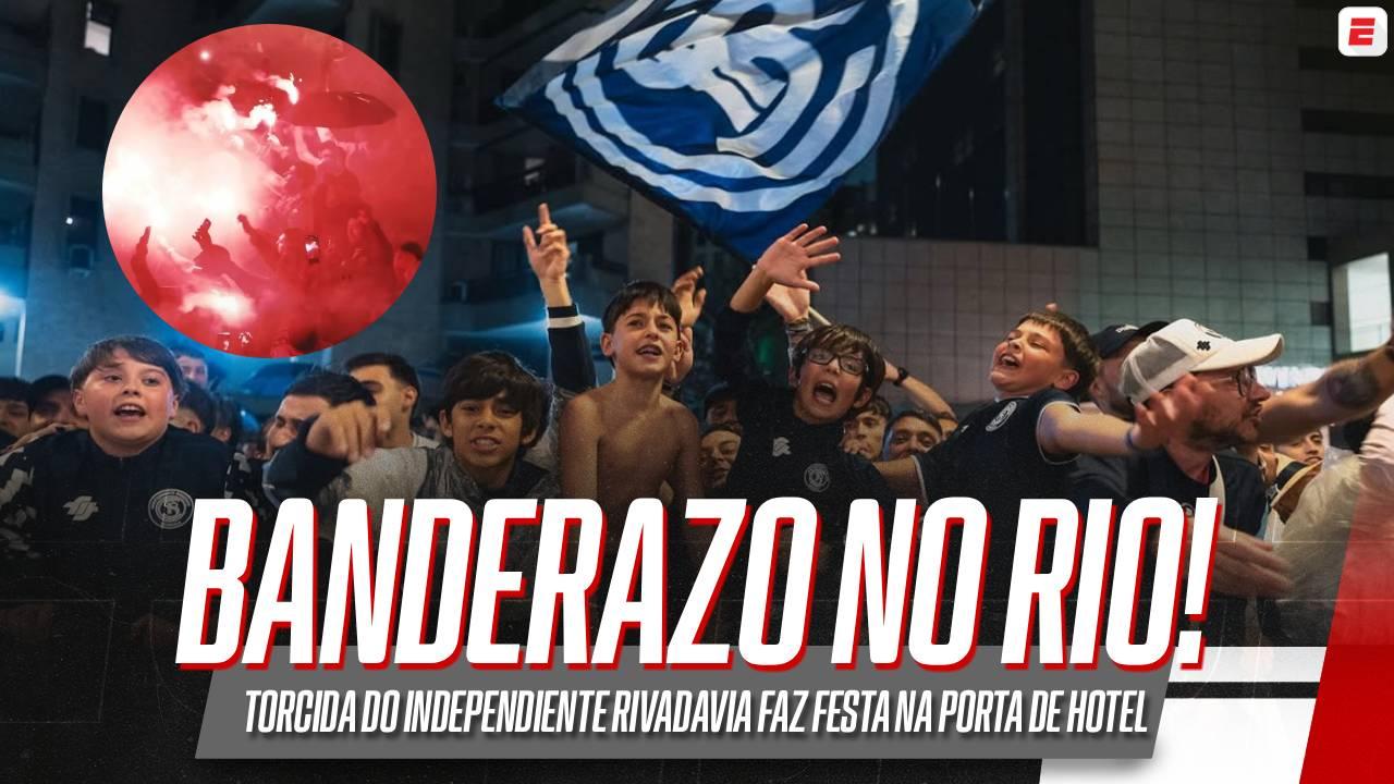 Festa linda! Torcida do Independiente Rivadavia, adversário do Fluminense, faz 'banderazo' em porta de hotel no Rio; VEJA