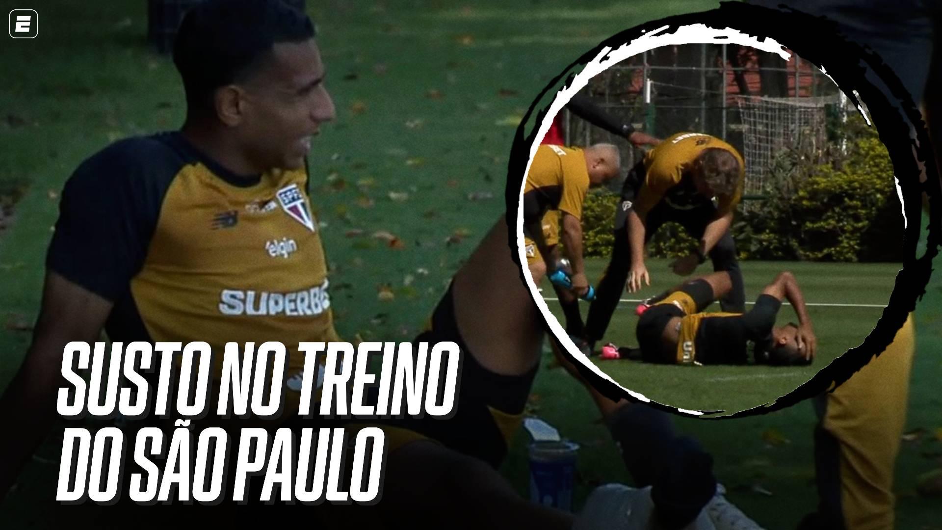 Susto no treino do São Paulo! Victor Sá leva entrada feia e deixa campo carregado; VEJA