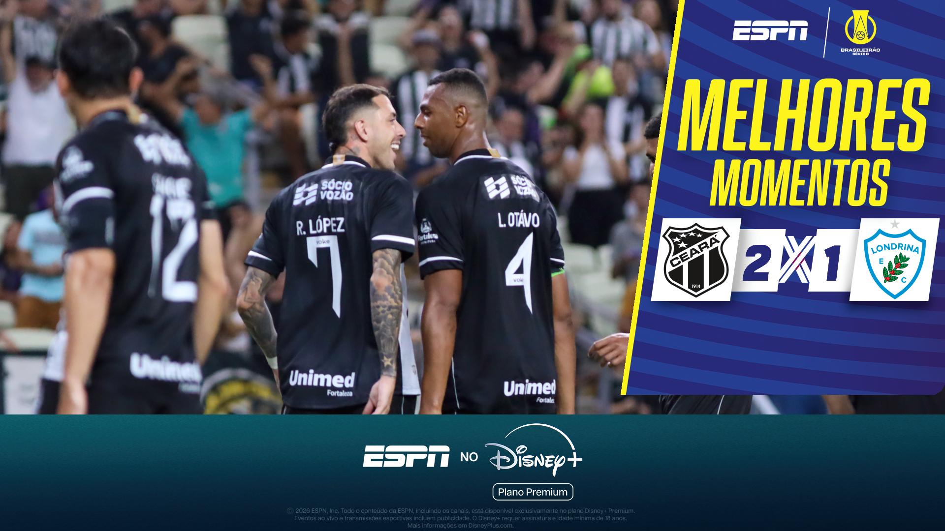Ceará castiga Londrina com bola a aérea e vence de virada por 2 a 1; VEJA os melhores momentos