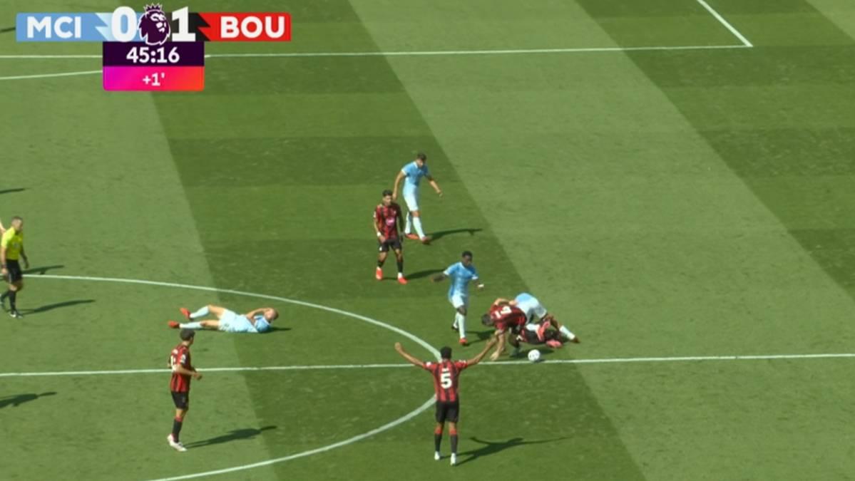 Confusão em City x Bournemouth! Haaland e Evanilson caem no gramado com a mão no rosto
