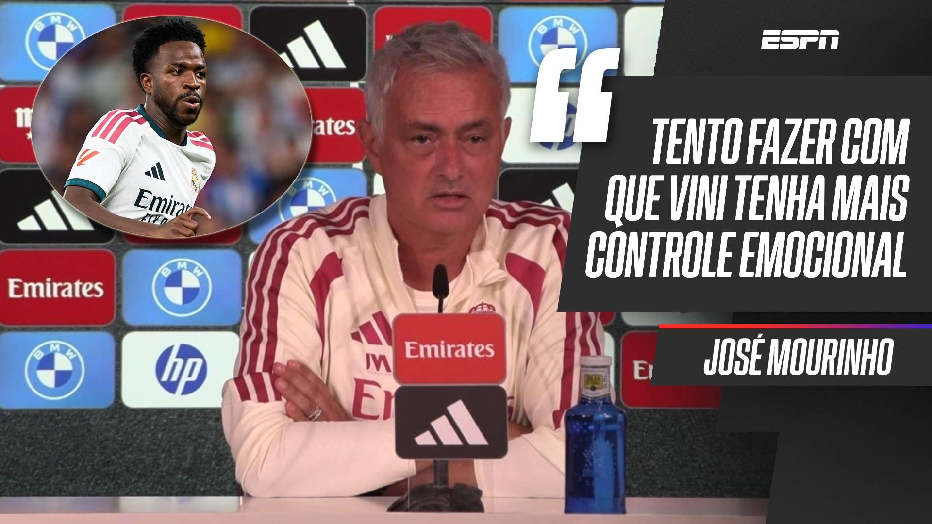 Mourinho admite esforço com Vini Jr para controle emocional, mas vê exagero de adversários: 'Diferença óbvia'