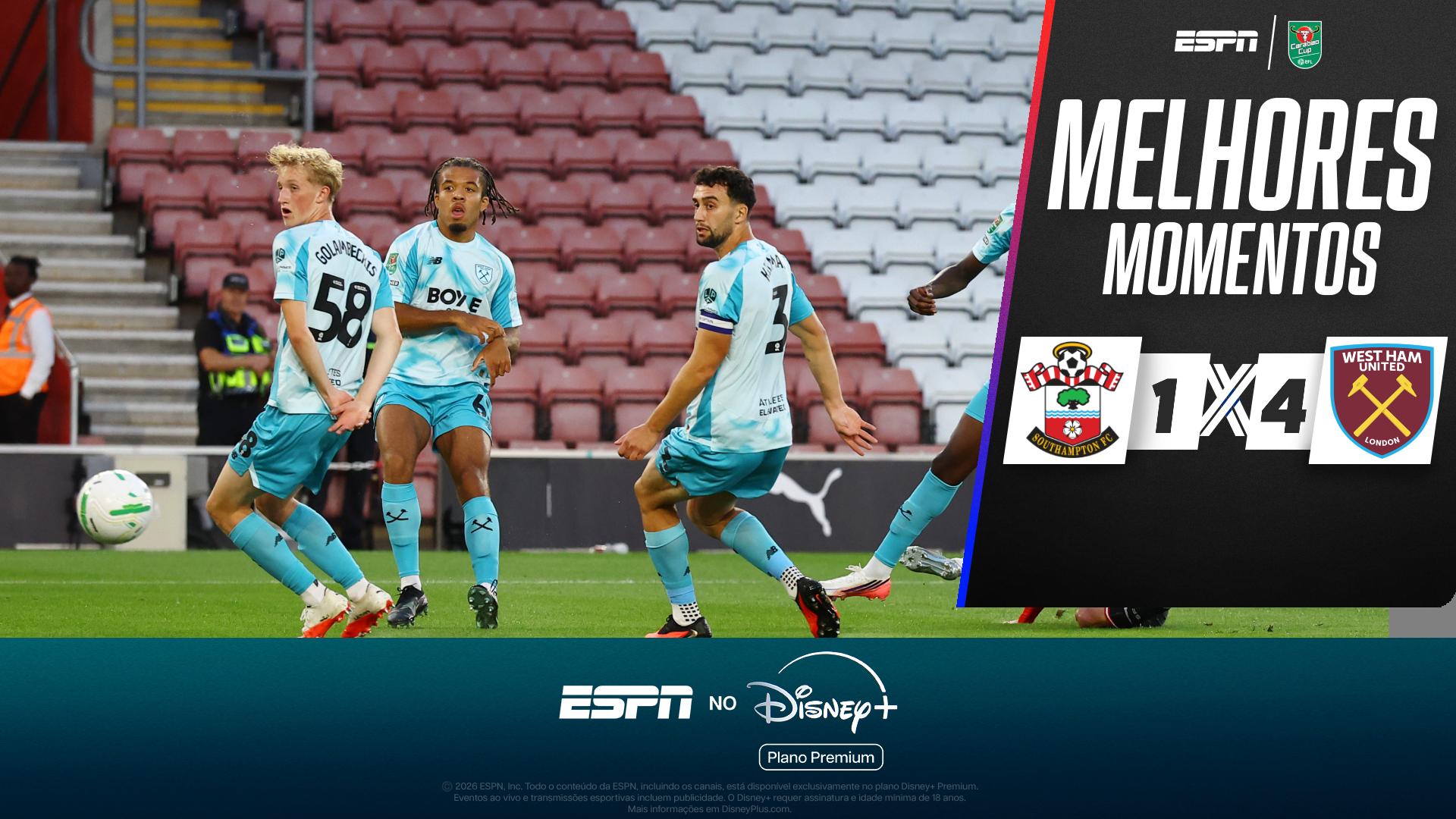 West Ham sai atrás, mas goleia Southampton pela Copa da Liga Inglesa; VEJA melhores momentos