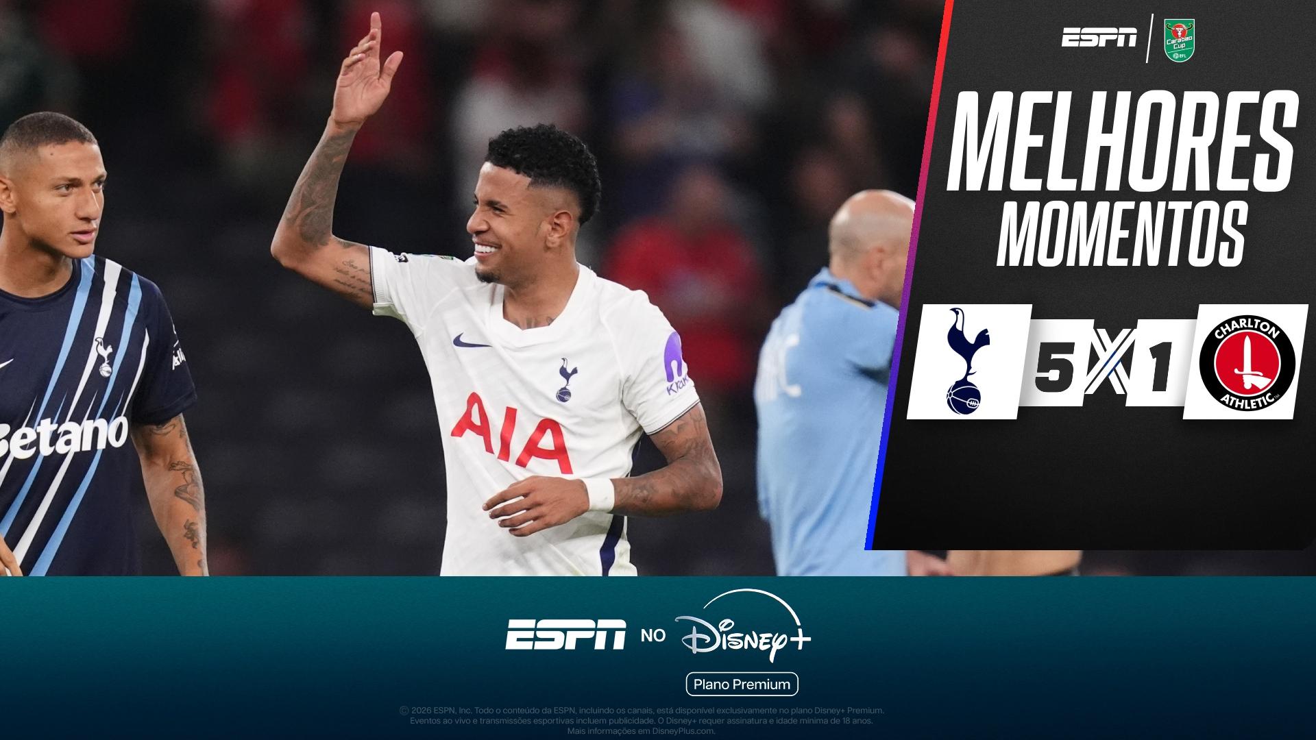 Sávio marca na estreia, Tottenham goleia Charlton por 5 a 1 e avança na Copa da Liga Inglesa; VEJA como foi
