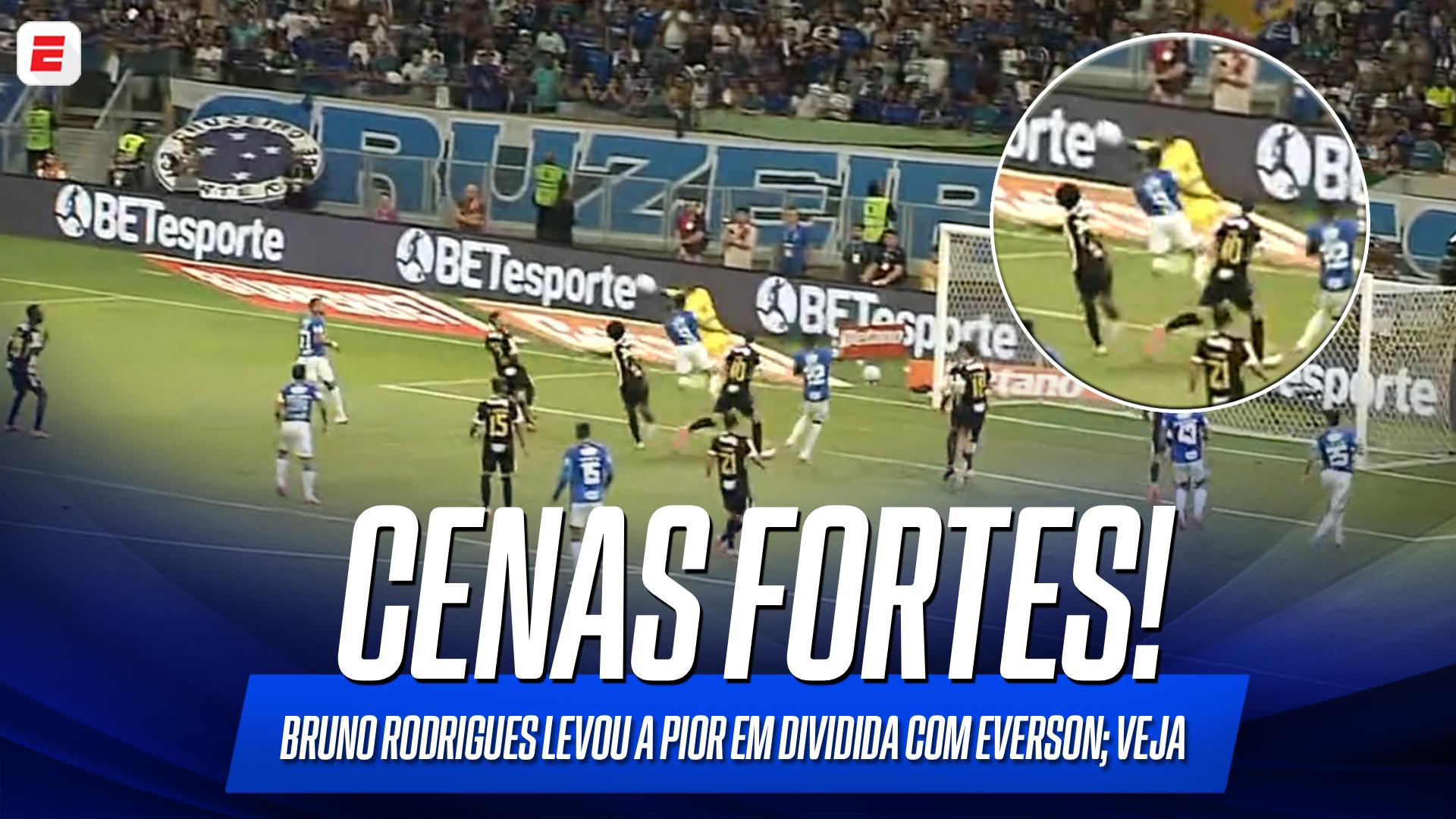 O choque de Bruno Rodrigues com Everson que rendeu fratura na costela e lesão no rosto; VEJA o lance