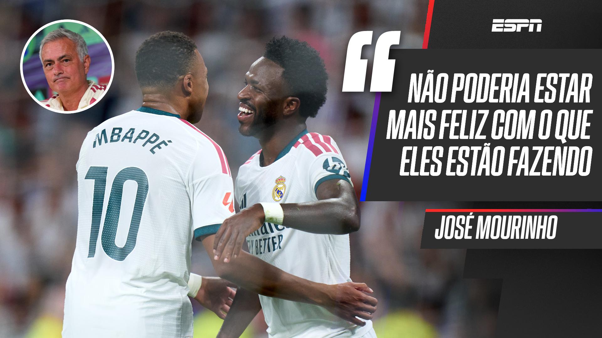 Mourinho avalia trabalho com Vini Jr e Mbappé e rasga elogios a Ancelotti: 'Ótimo em tudo'