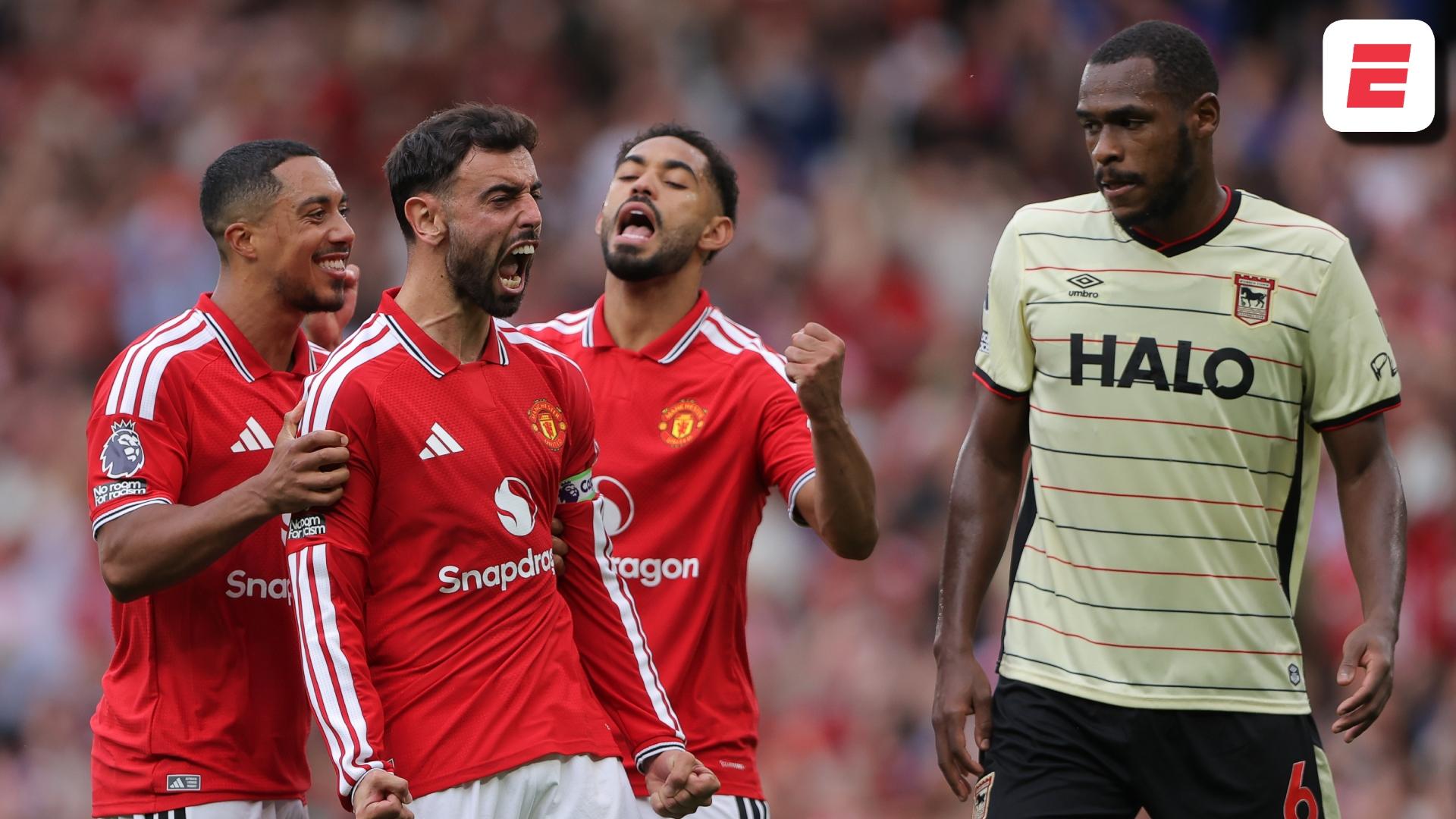 Hat-trick de Bruno Fernandes en la goleada del Manchester United sobre Ipswich