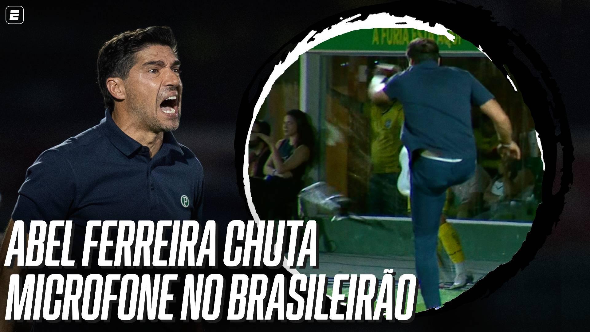 O chute de Abel Ferreira em microfone durante a partida entre Mirassol x Palmeiras pelo Brasileirão
