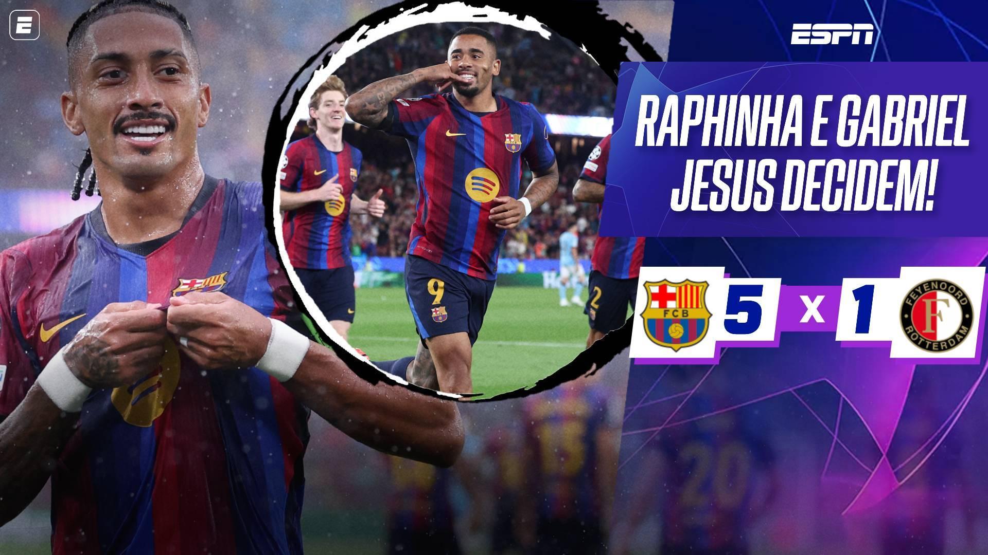 Raphinha dá show, Gabriel Jesus desencanta e Barcelona goleia na estreia da Champions League; veja como foi