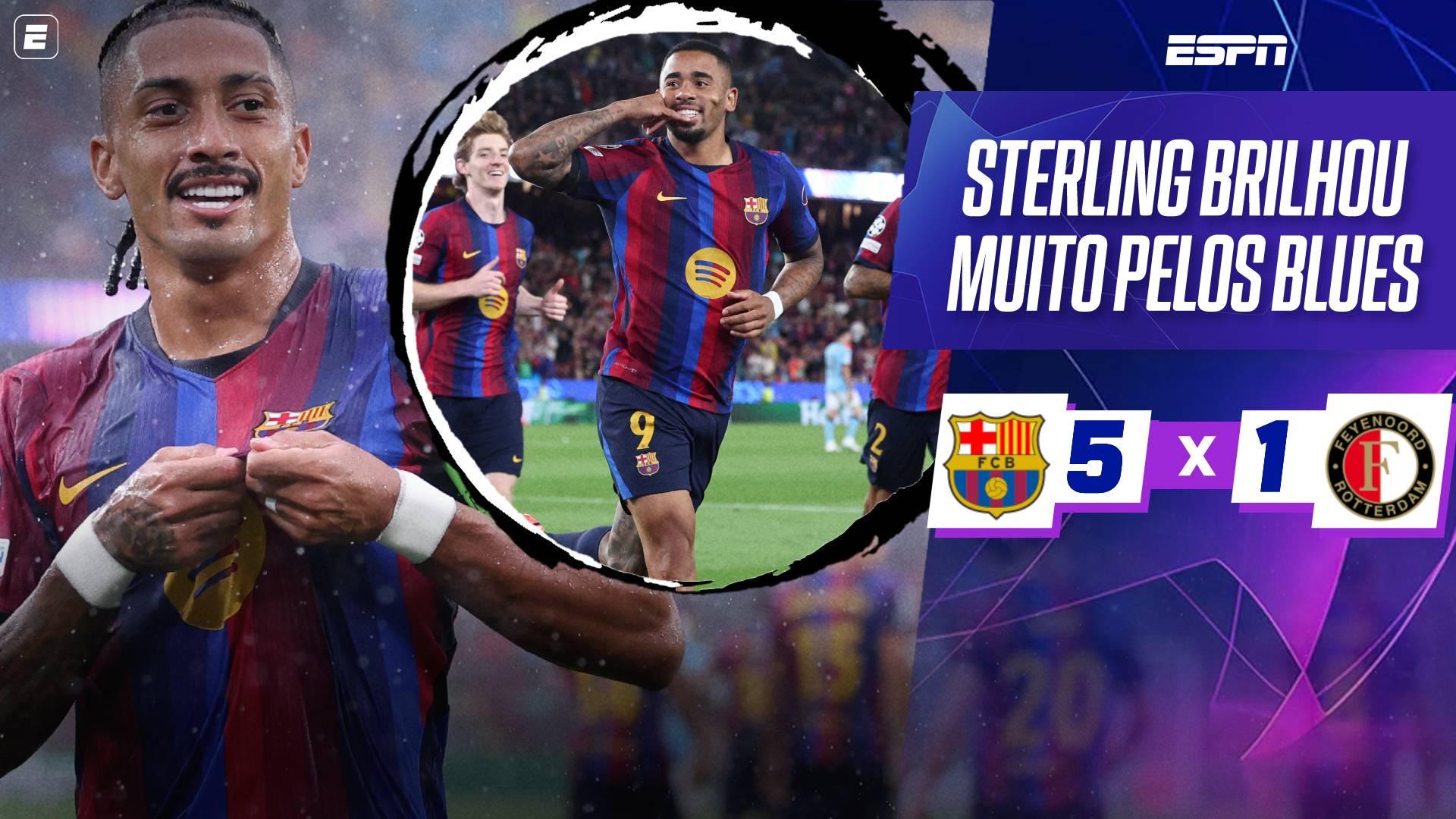 Raphinha dá show, Gabriel Jesus desencanta e Barcelona goleia na estreia da Champions League; veja como foi
