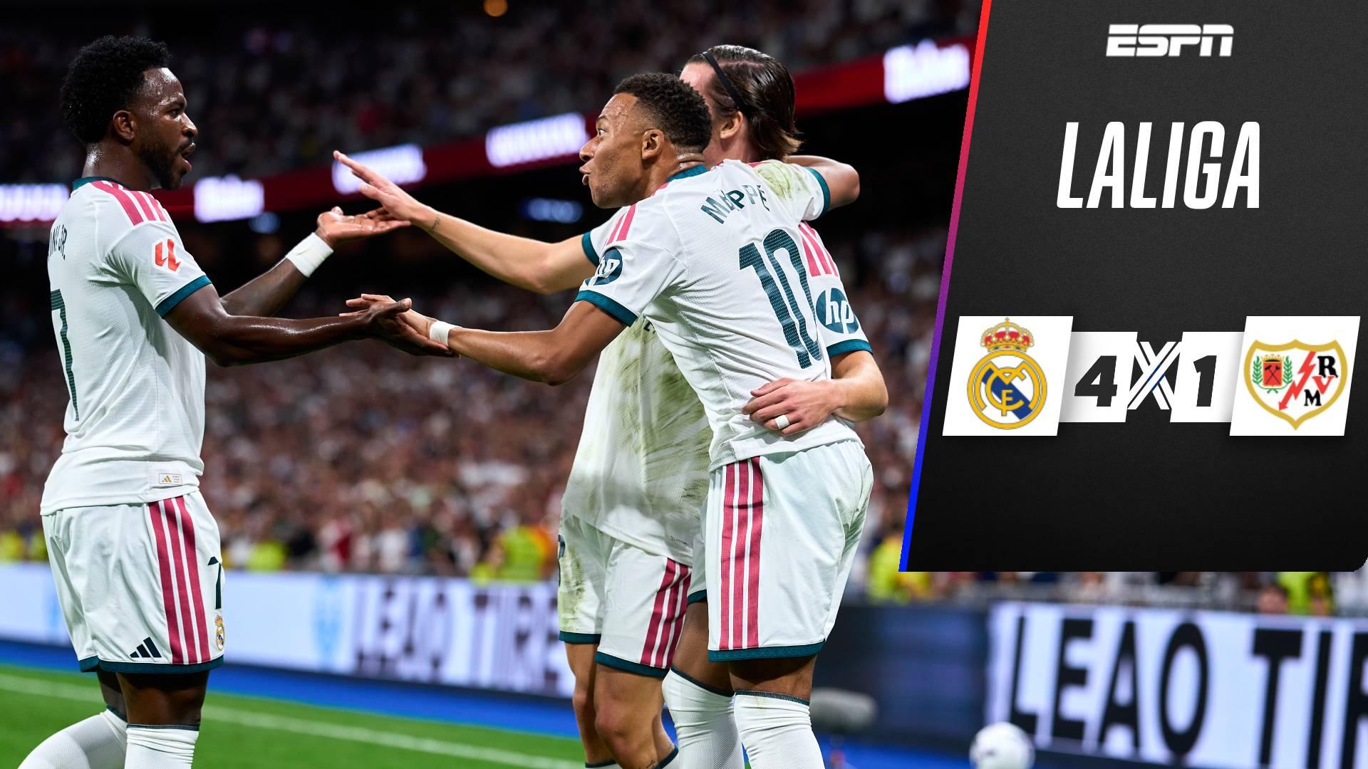 Mbappé marca dois, volta a decidir e Real Madrid goleia em LALIGA na 'caça' ao Barcelona; veja como foi