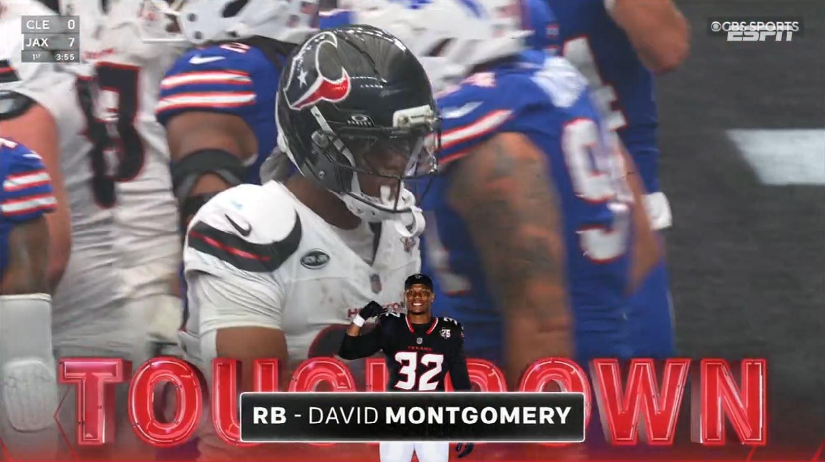 Touchdown, Texans! David Montgomery corre com a bola e supera defesa dos Bills para entrar na endzone