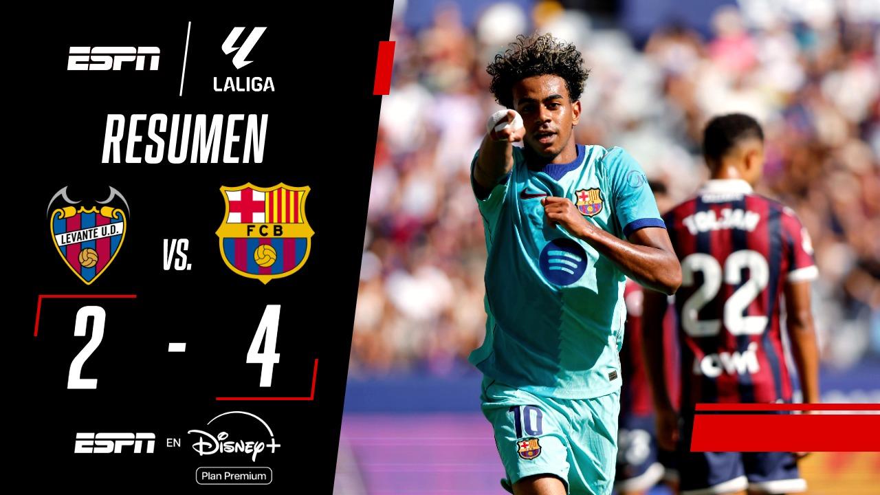 En un partidazo, y con dos goles de Lamine Yamal, Barcelona se impuso 4-2 sobre Levante
