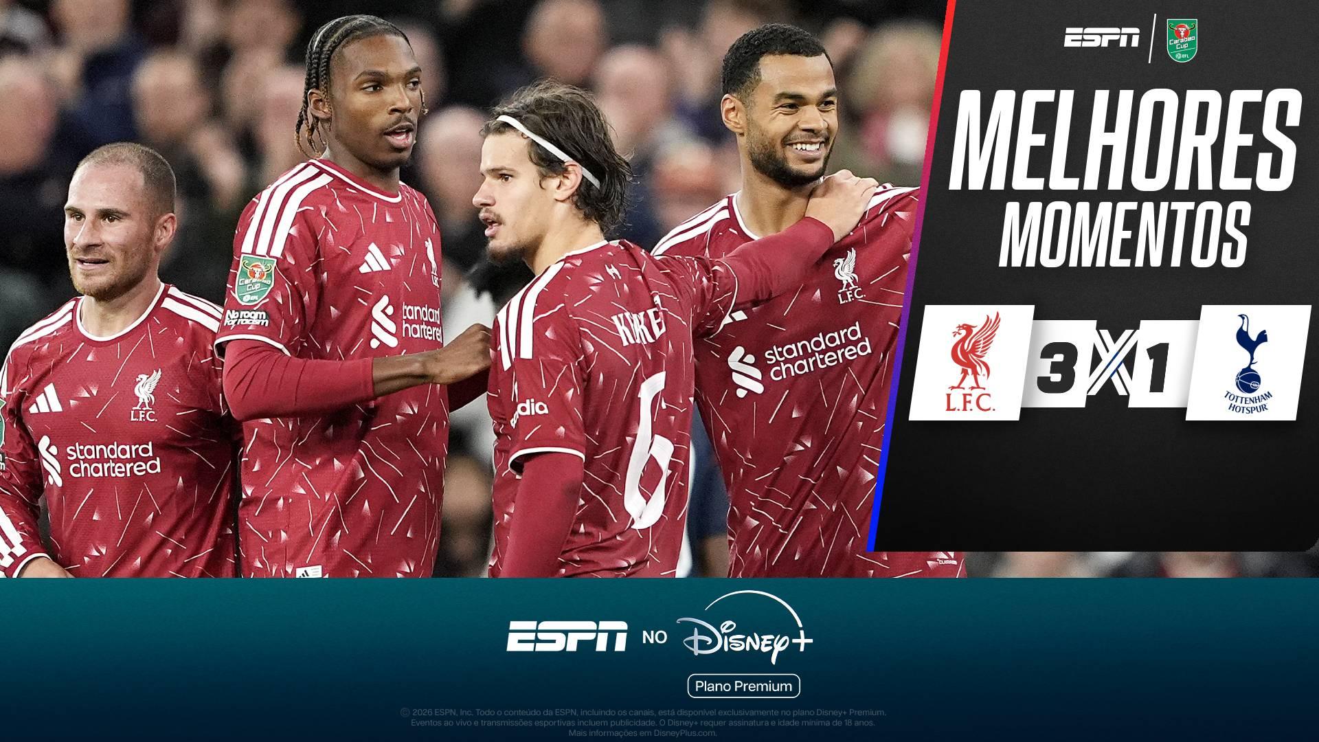 Em jogo recheado de golaços, Liverpool vence o Tottenham e avança na Copa da Liga Inglesa; melhores momentos