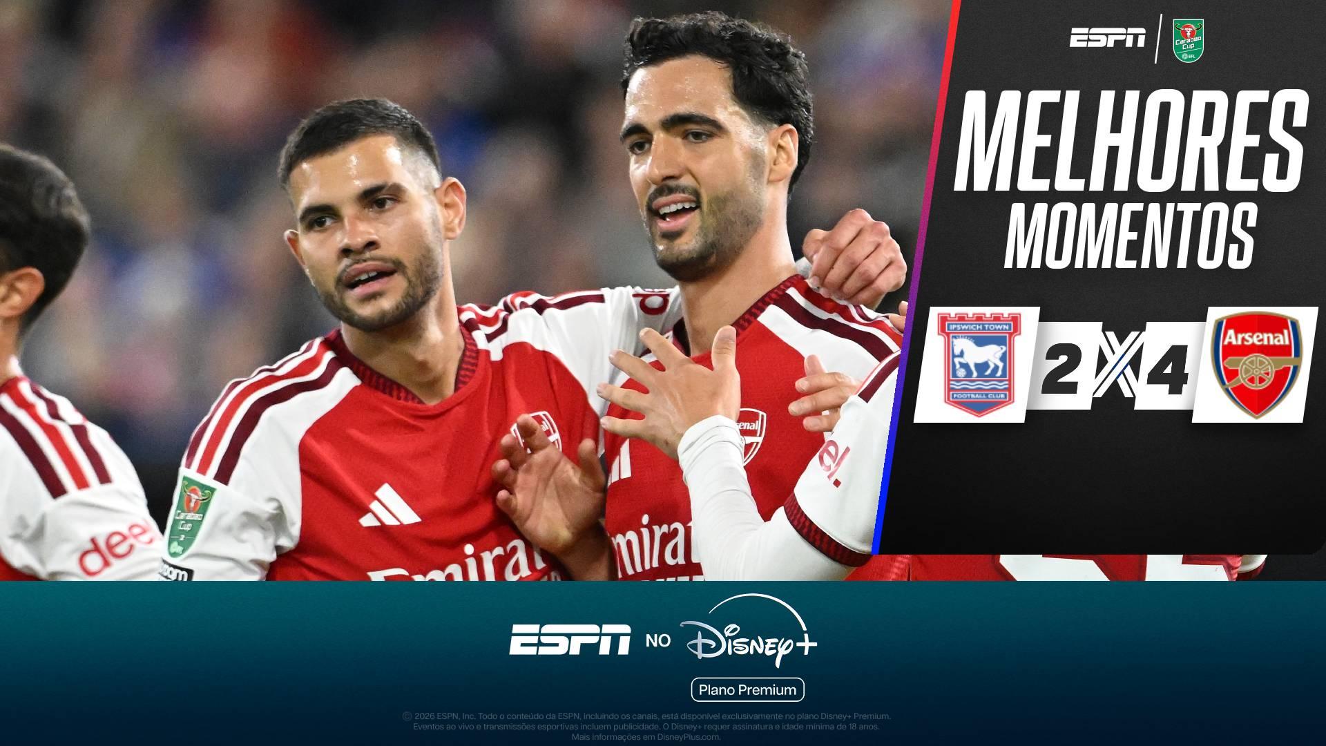 Com Bruno Guimarães, Arsenal goleia Ipswich e avança na Copa da Liga Inglesa; VEJA os melhores momentos