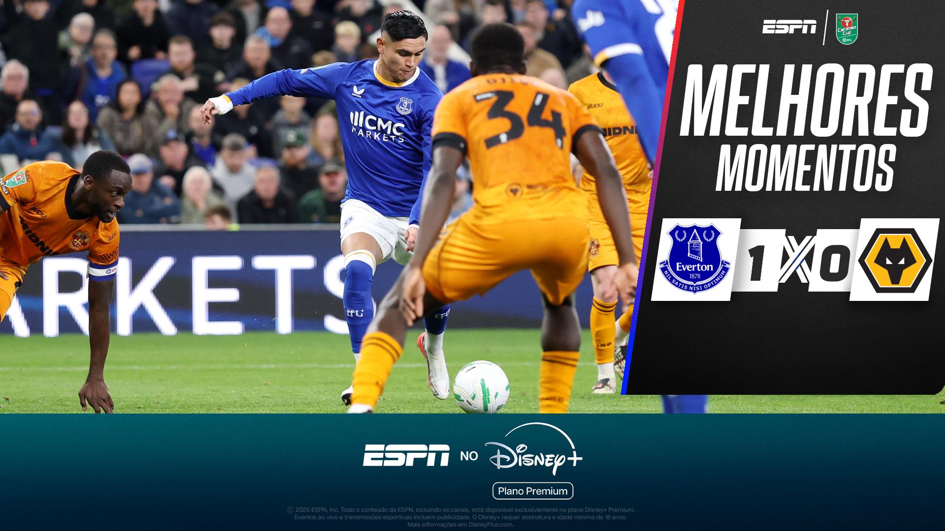 Alcaraz, ex-Flamengo, marca, e Everton vence Wolverhampton na Copa da Liga Inglesa; VEJA os melhores momentos