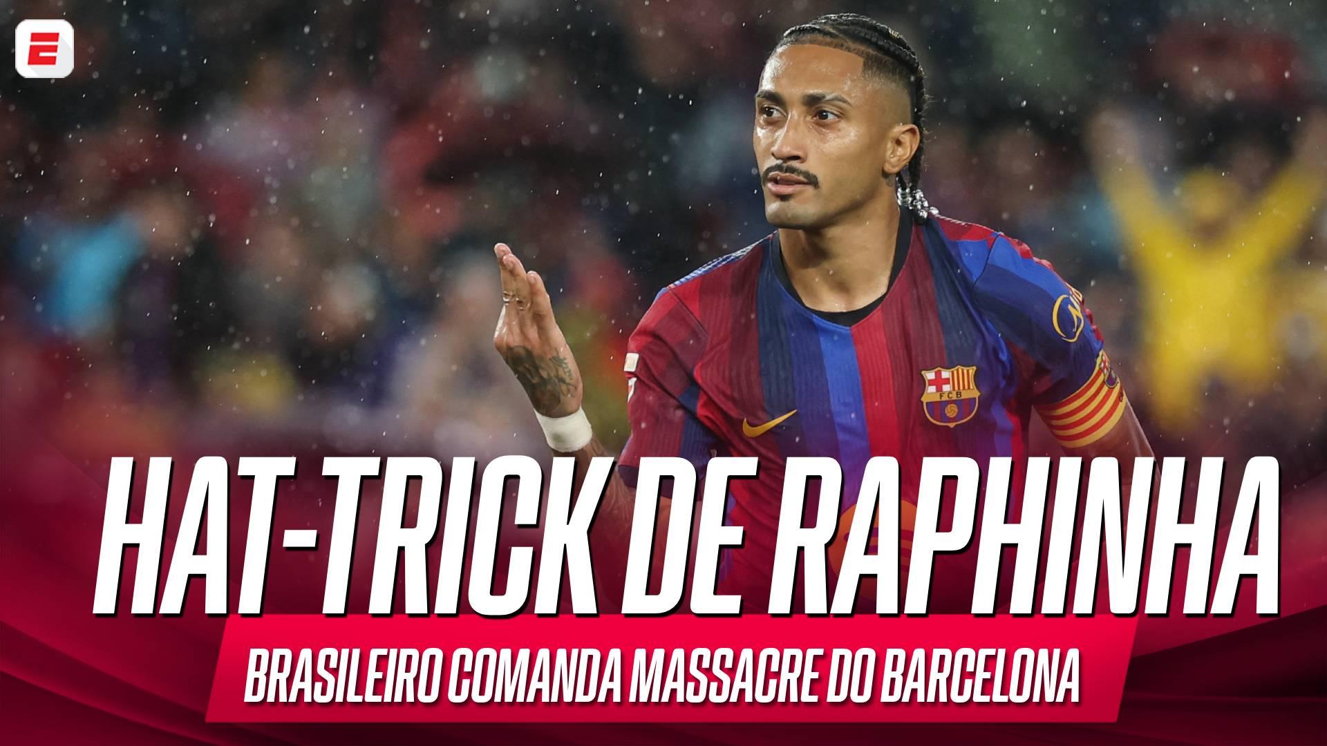 Raphinha faz hat-trick e comanda goleada do Barcelona sobre o Racing pelo Campeonato Espanhol; VEJA como foi