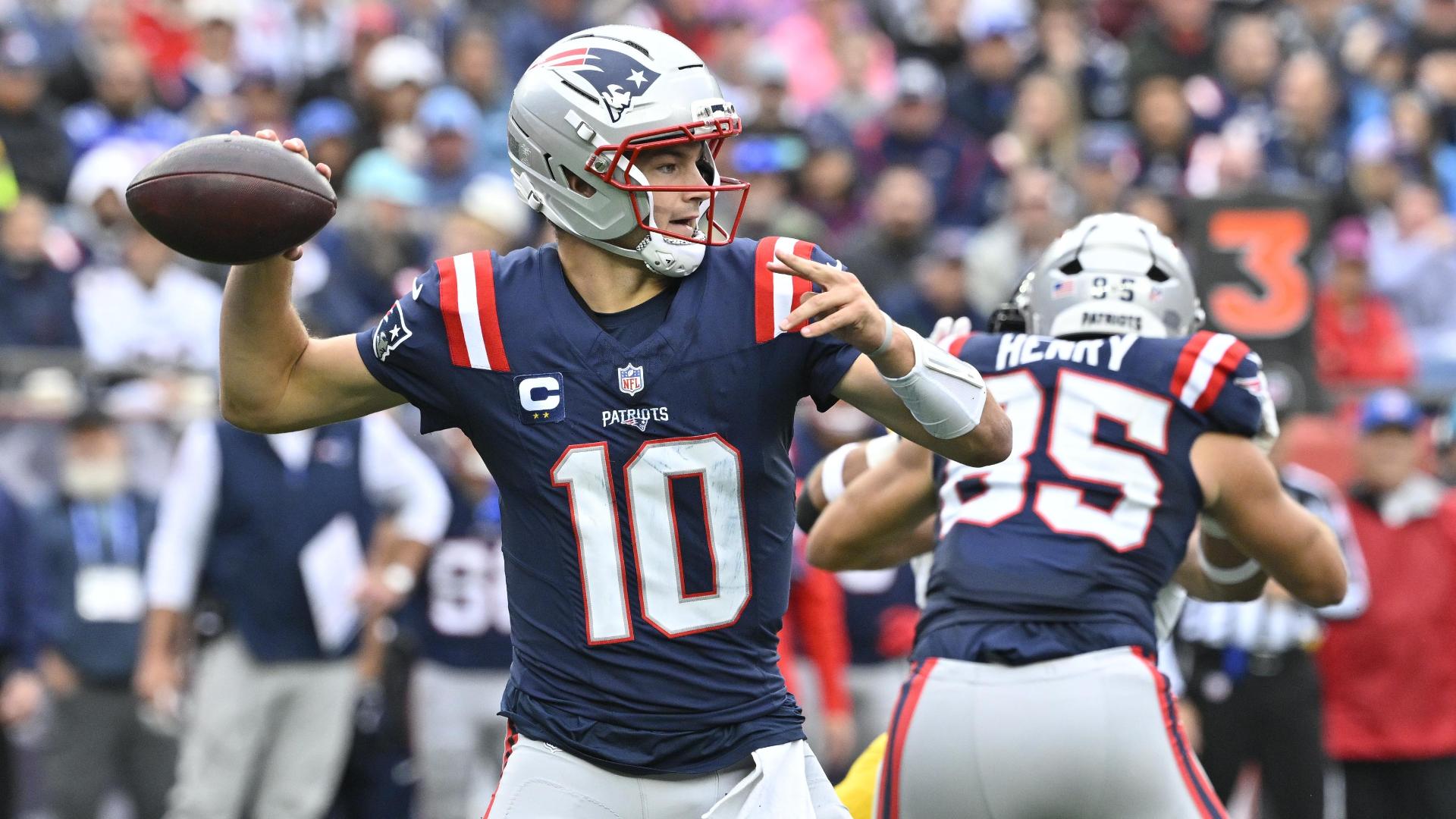 Drake Maye launches 63-yard pass to Romeo Doubs — Article image accompanying TreVeyon Henderson runs for a TD and the Patriots pummel Aaron Rodgers in a 20-3 win over Steelers on WagerUp Sports News. Drake Maye launches 63-yard pass to Romeo Doubs — Article image accompanying TreVeyon Henderson runs for a TD and the Patriots pummel Aaron Rodgers in a 20-3 win over Steelers on WagerUp Sports News.