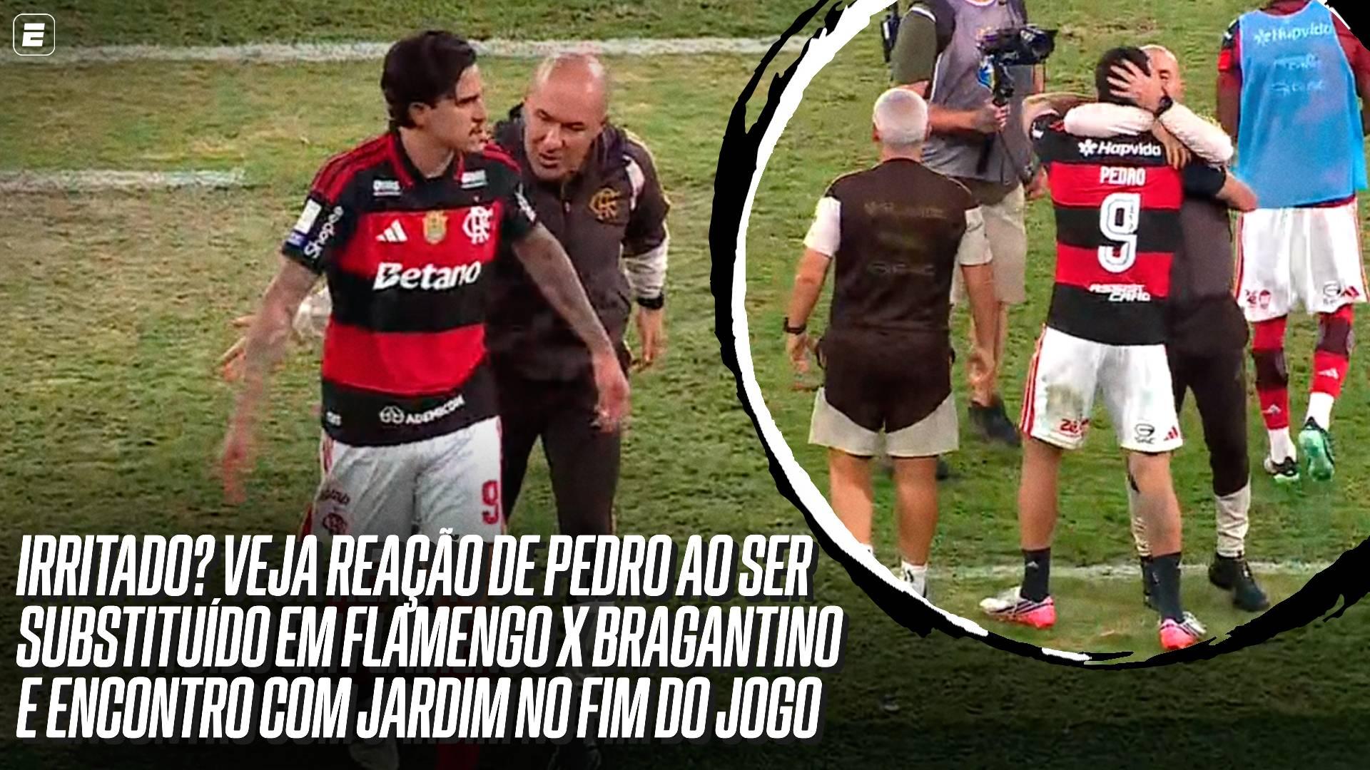 Irritado? Veja reação de Pedro ao ser substituído em Flamengo x Bragantino e encontro com Jardim no fim do jogo