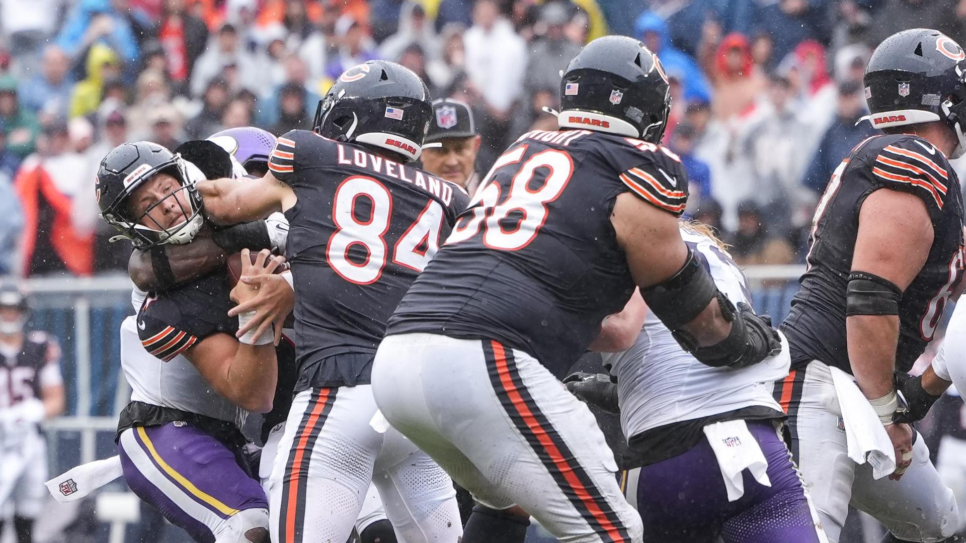 Vikings sack Tyson Bagent on final play to seal win over Bears — Article image accompanying Rodgers and Turner help the Vikings shut down the Bears for a 9-3 win in the rain on WagerUp Sports News.