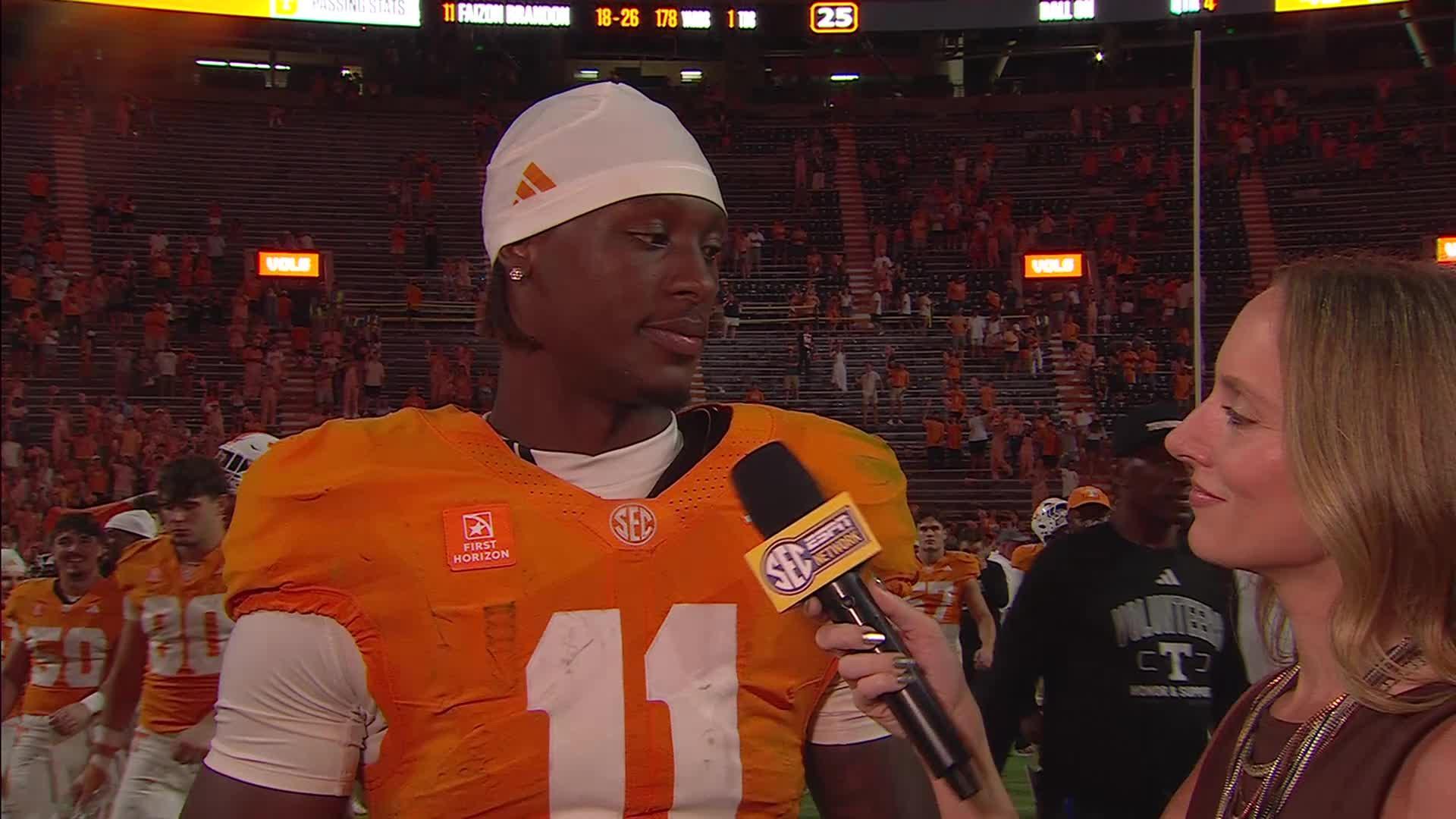 Coming off a win against Kennesaw State with a passing and rushing touchdown, Brandon breaks down how simplifying his play led to the victory and preps No. 15 Tennessee for SEC play. — Article image accompanying Brandon throws for a TD, runs for another to lead No. 15 Tennessee over Kennesaw State 42-9 on WagerUp Sports News.