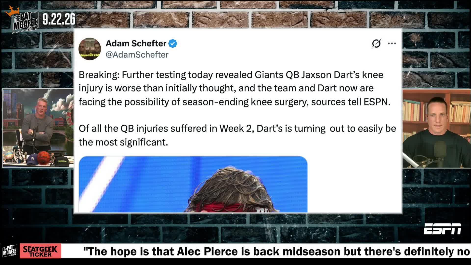 McAfee and Co. react to Jaxson Dart injury news