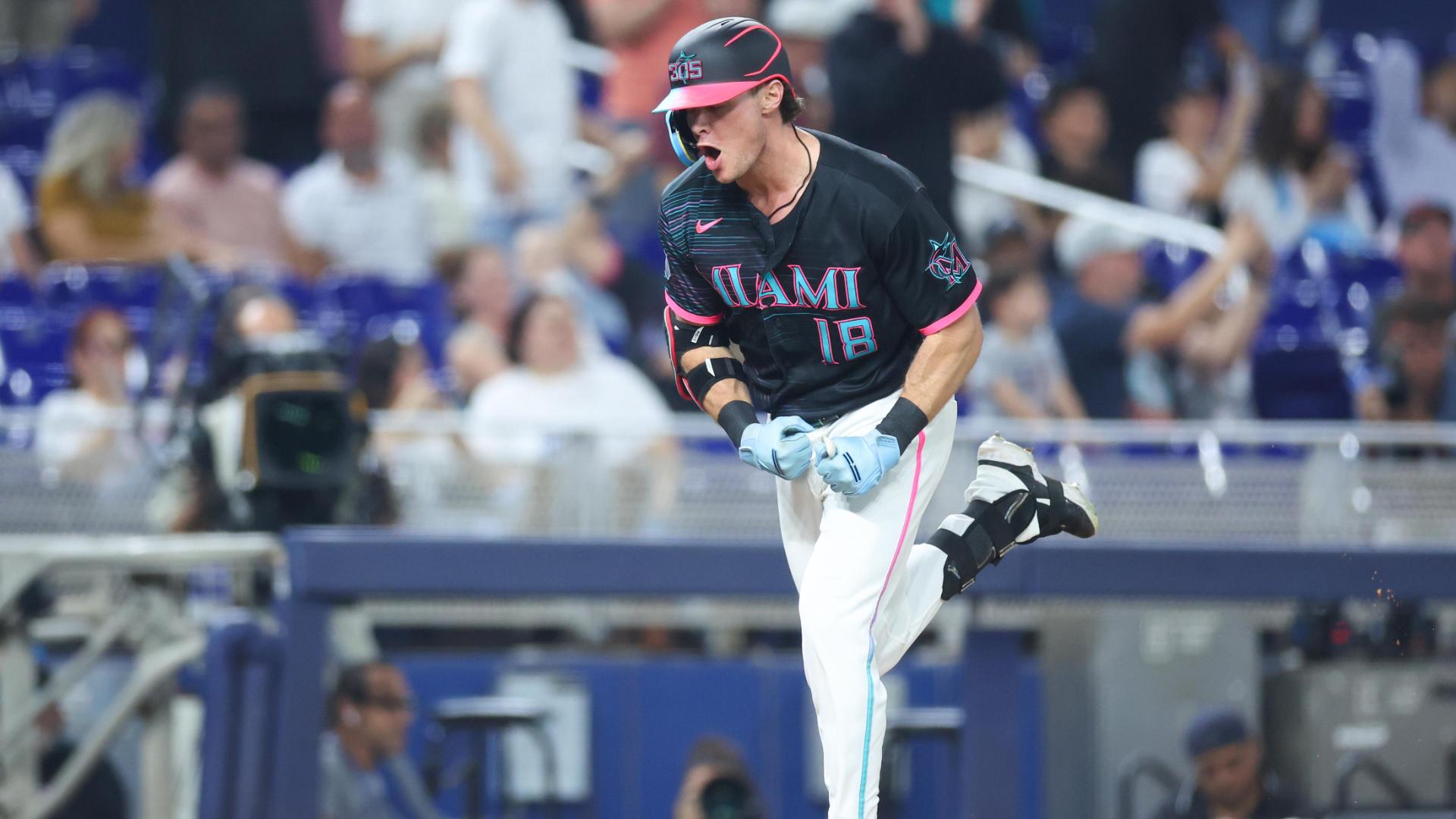 Griffin Conine smashes a home run — Article image accompanying Pérez throws 1-hitter for just 11th MLB complete-game shutout this year as Marlins beat Braves 3-0 on WagerUp Sports News. Griffin Conine smashes a home run — Article image accompanying Pérez throws 1-hitter for just 11th MLB complete-game shutout this year as Marlins beat Braves 3-0 on WagerUp Sports News.