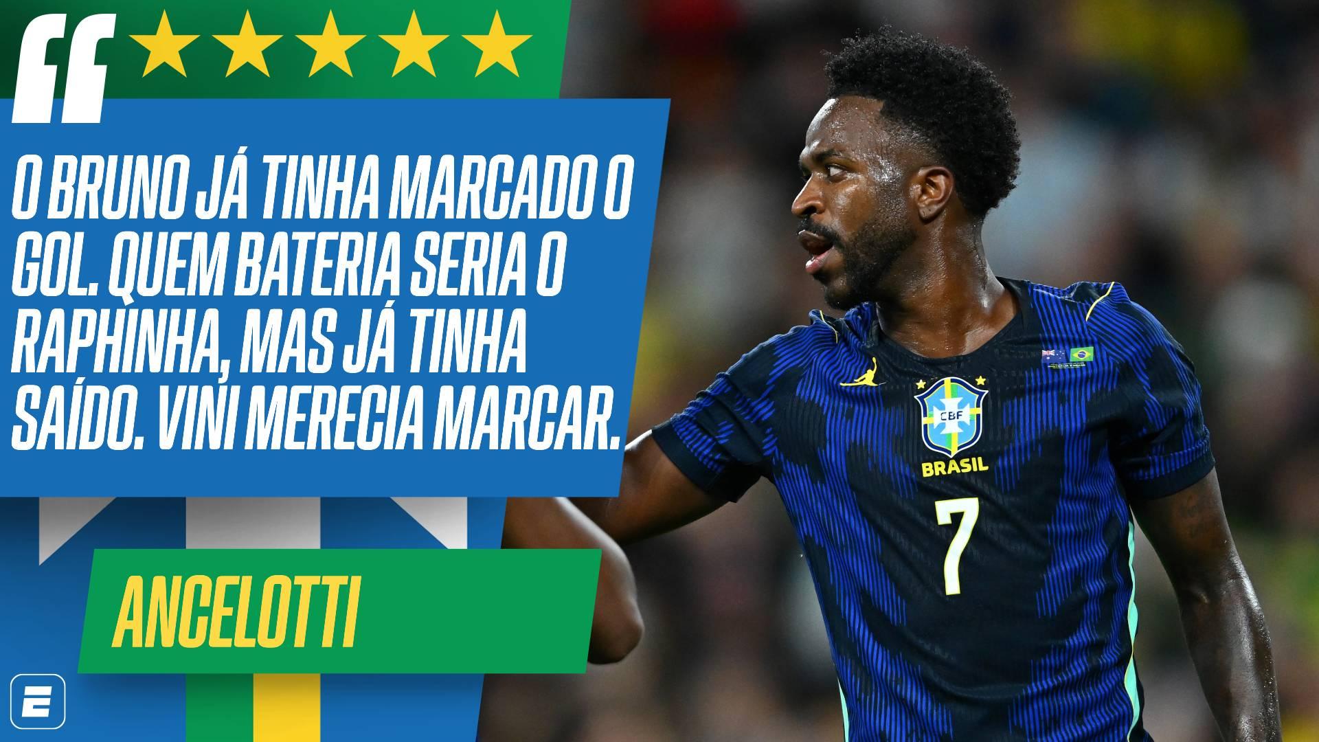 Ancelotti explica escolha por Vini Jr como batedor de pênalti em Austrália x Brasil