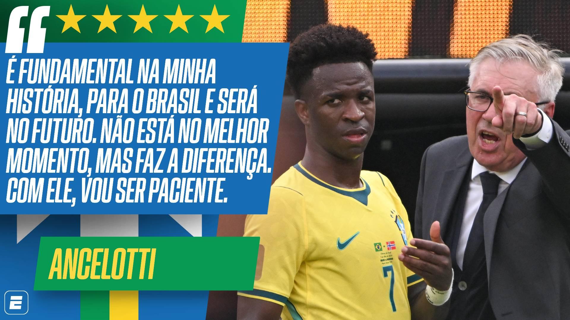 Ancelotti analisa fase de Vini Jr, diz que jogador não está no melhor momento, mas ressalta: 'É fundamental'