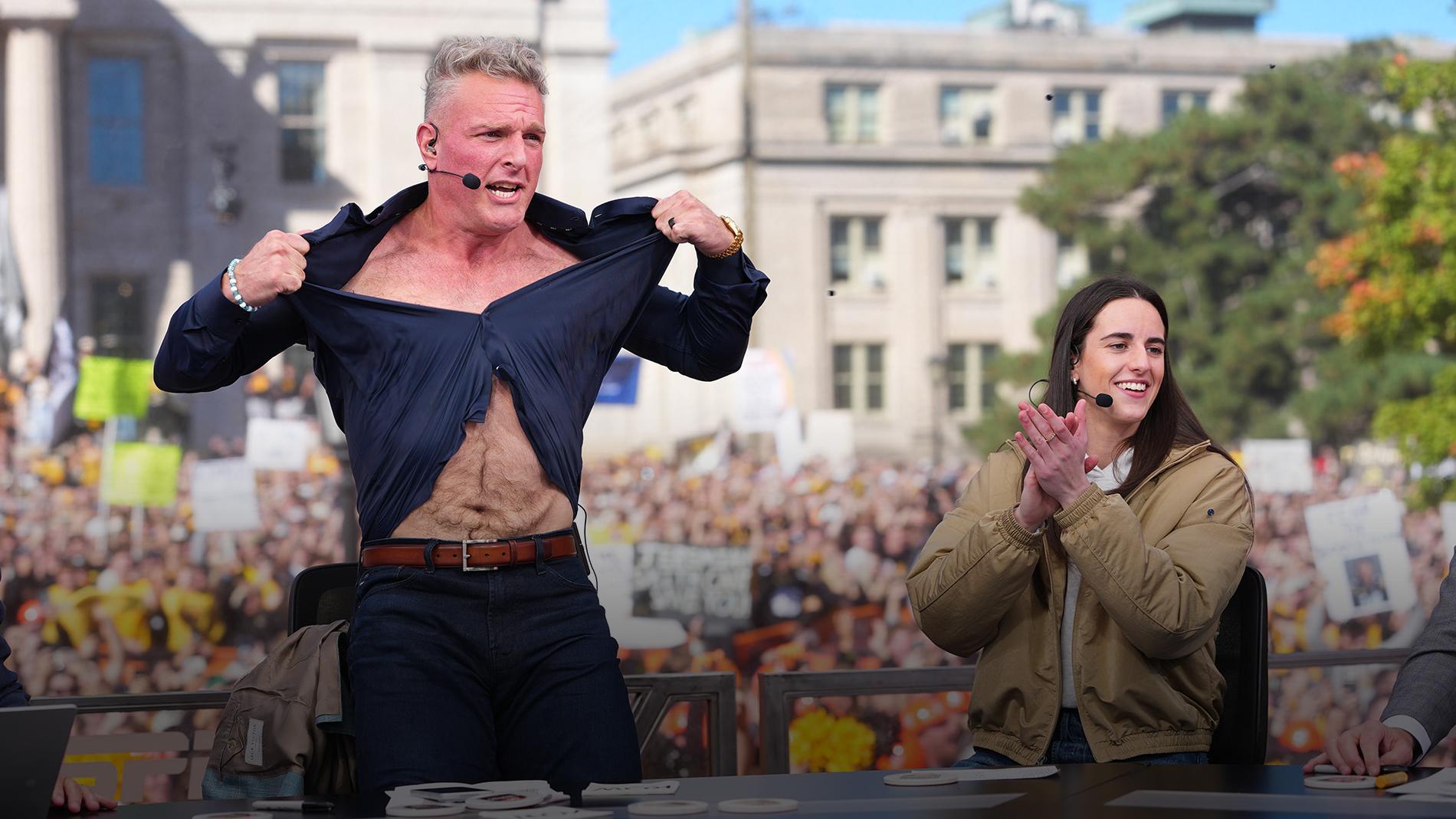 McAfee rips off shirt in front of Caitlin Clark before making Ohio State-Iowa pick