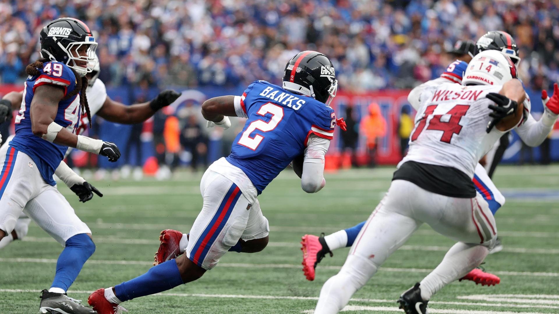 Deonte Banks seals Giants' win with 98-yard pick-six — Article image accompanying Winston throws 3 touchdown passes and Banks' pick-6 seals Giants' 36-24 win over Cardinals on WagerUp Sports News.