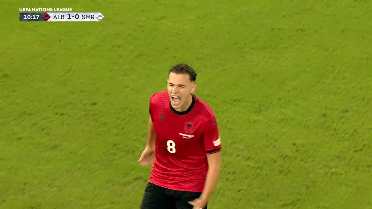 ¡Espectacular volea de Asllani y golazo de Albania frente a San Marino!