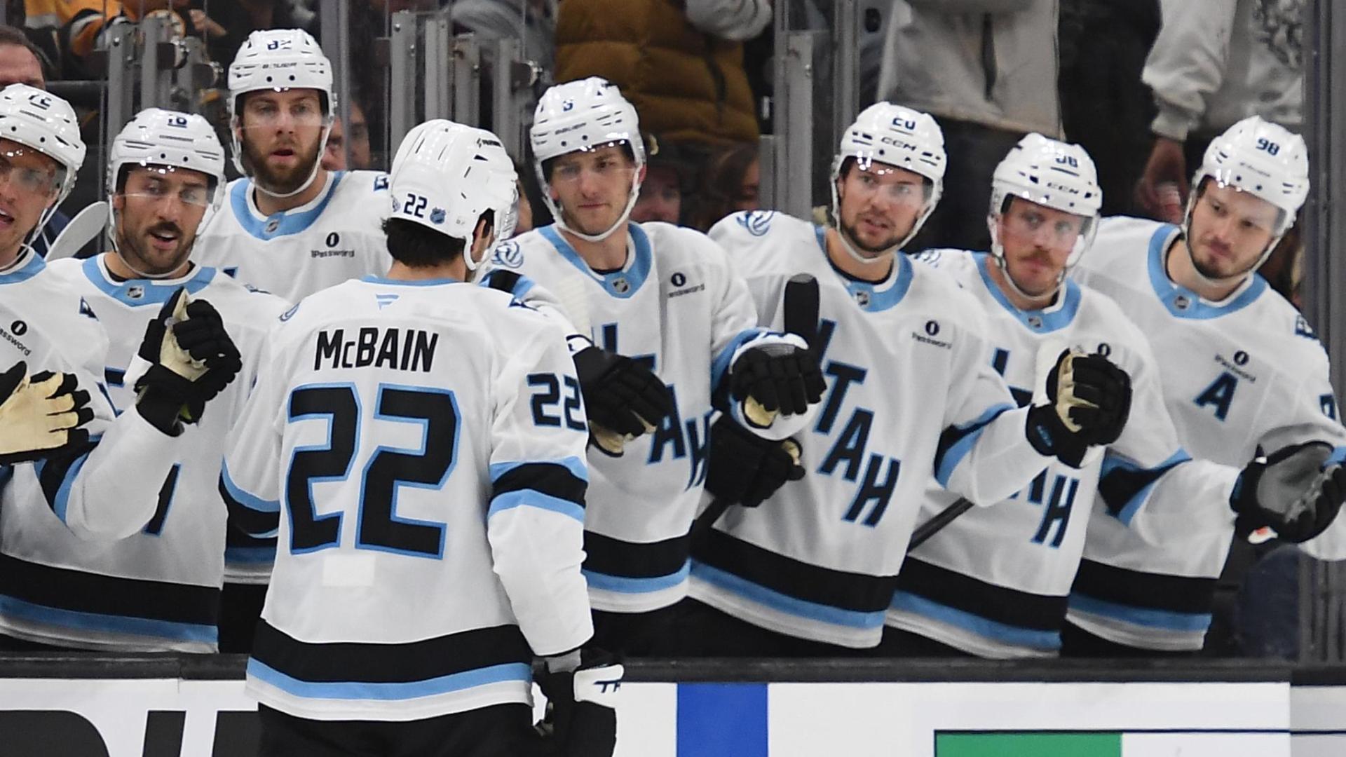 Jack McBain nets goal for Mammoth — Article image accompanying Pastrnak scores 2 goals, adds 2 assists in the Bruins' 6-1 rout of the Mammoth on WagerUp Sports News.
