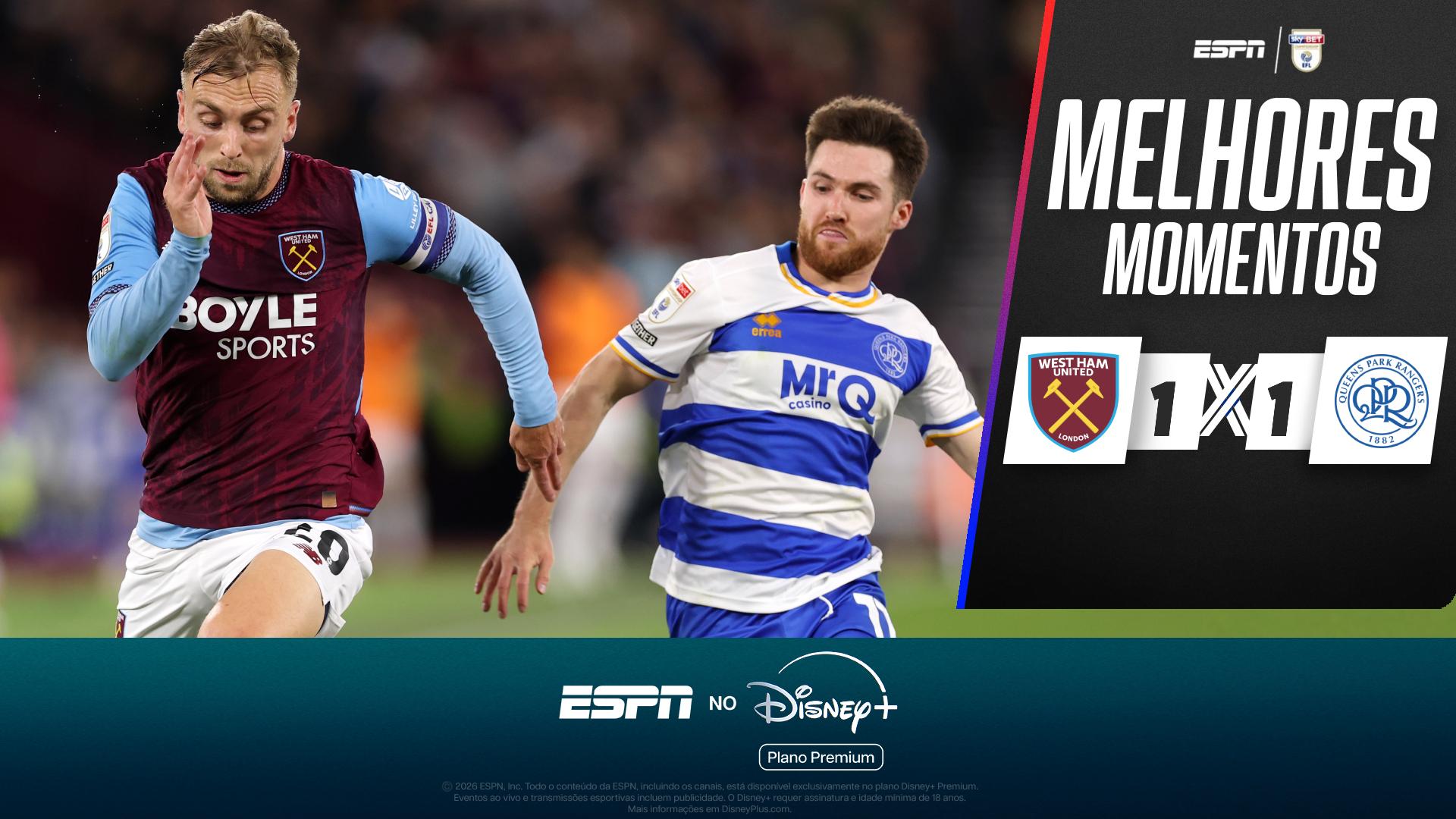 West Ham desperdiça pênalti, só empata com Queens Park Rangers e perde a chance de dormir líder da Championship; VEJA como foi