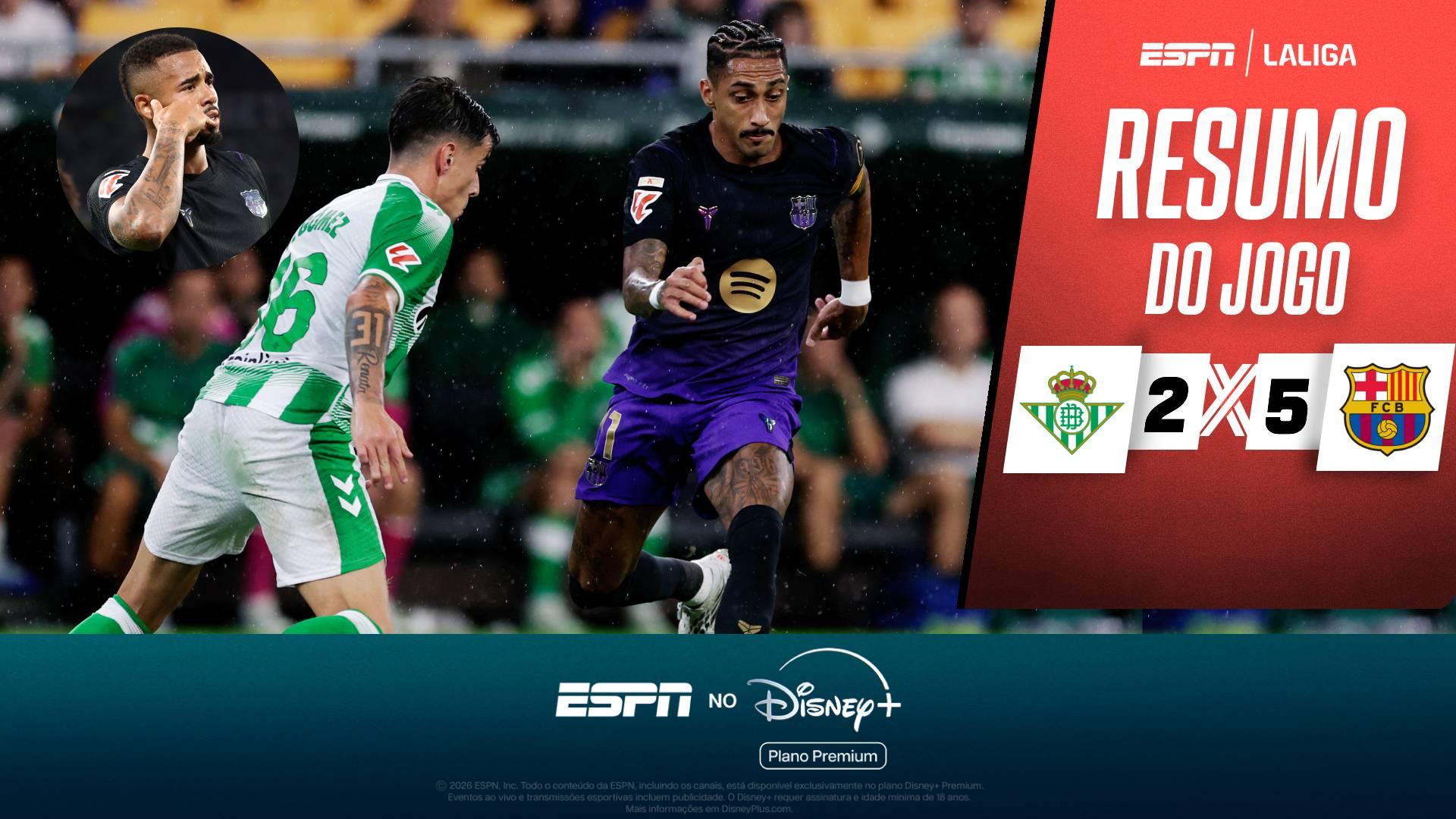 Goleada do Barcelona sobre o Betis tem golaço de Yamal, Gabriel Jesus balançando as redes, expulsão, retorno de Raphinha e mais; VEJA