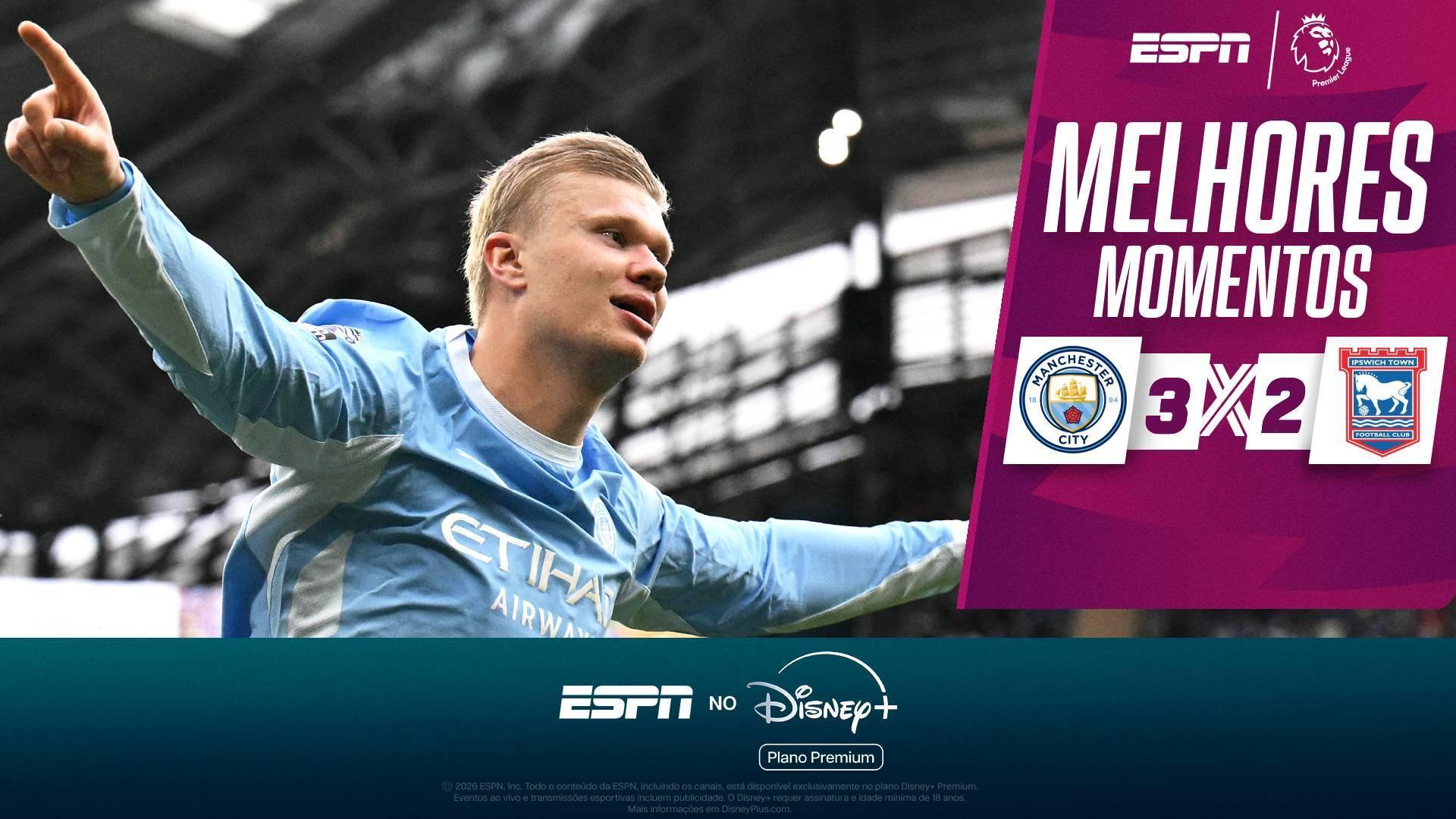 Haaland marca duas vezes, City domina o Ipsiwch Town e engata a sétima vitória seguida no início da Premier League