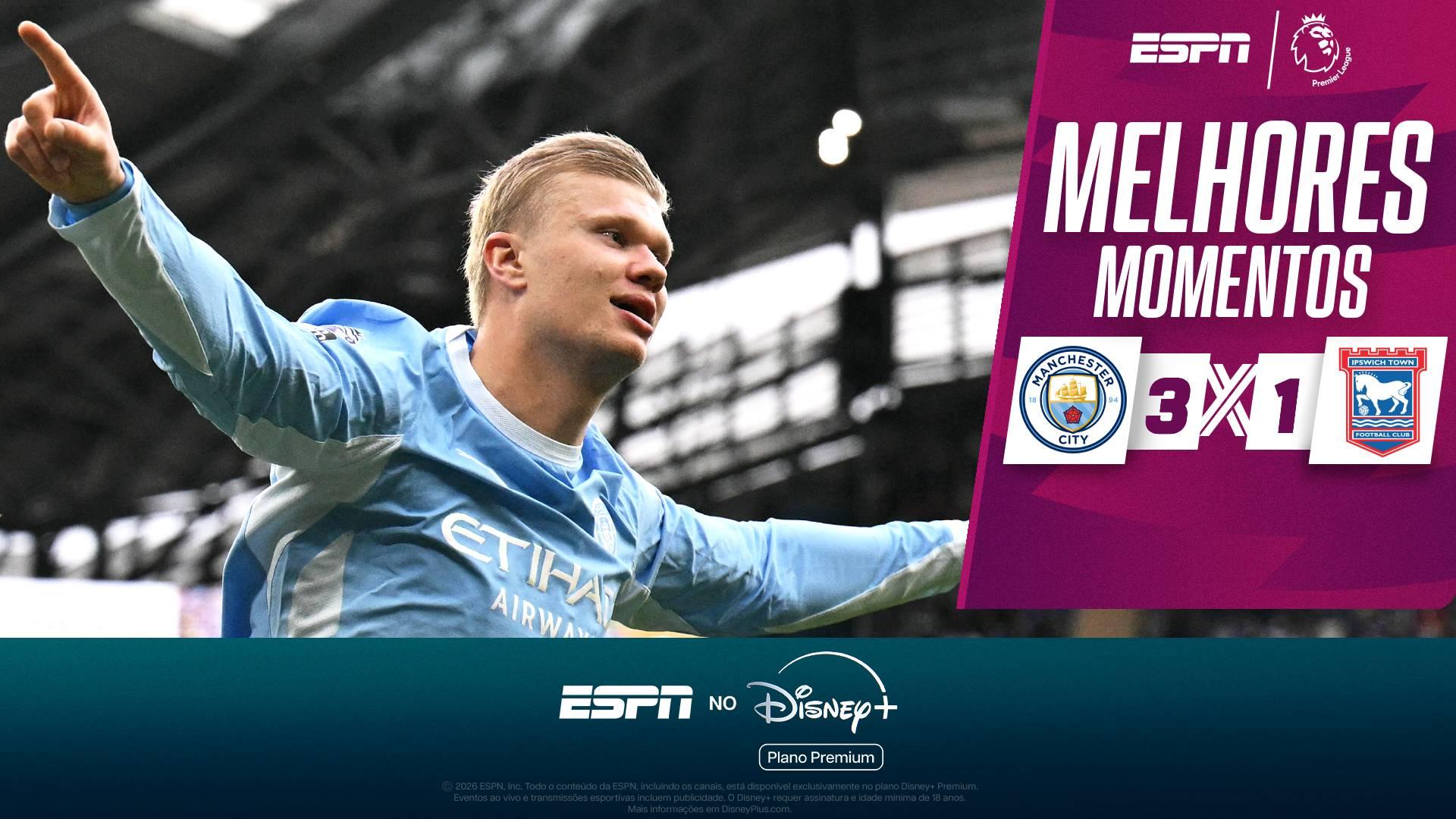 Haaland marca duas vezes, City domina o Ipsiwch Town e engata a sétima vitória seguida no início da Premier League