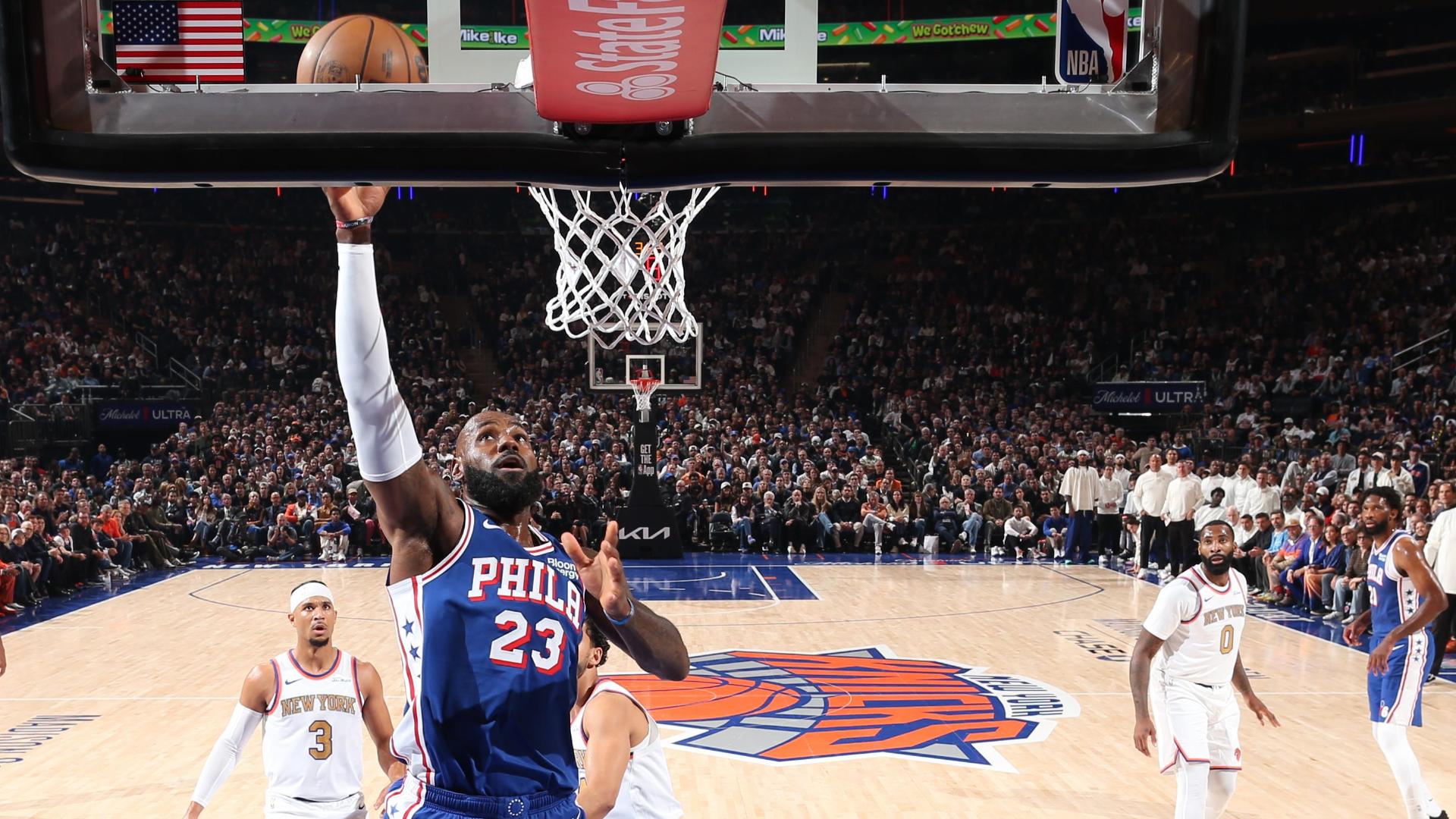 76ers win opening game with LeBron James and Jaylen Brown, beating NBA champion Knicks 106-100
