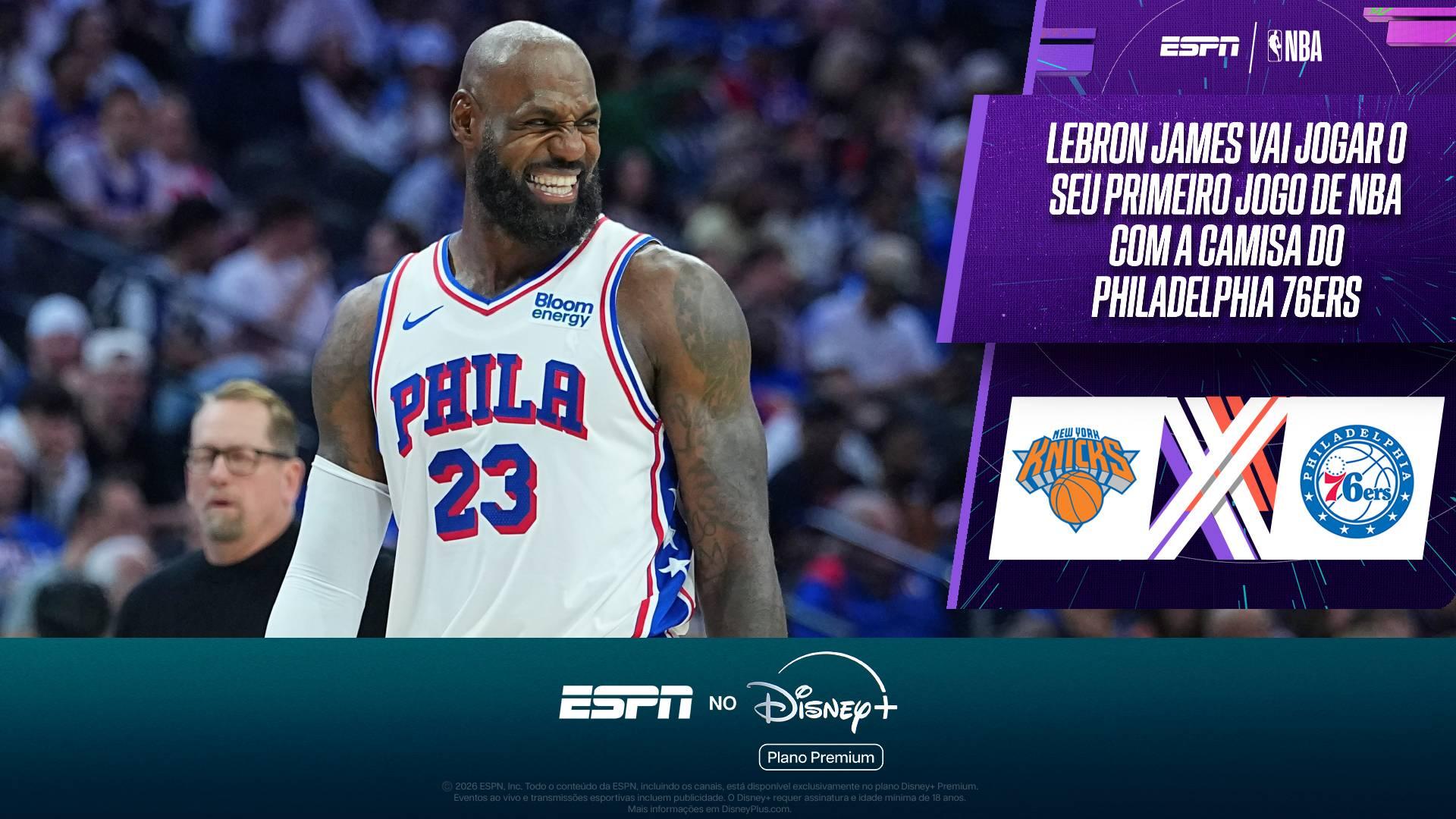LeBron James aquece no Madison Square Garden antes de fazer estreia pelo Philadelphia 76ers na NBA