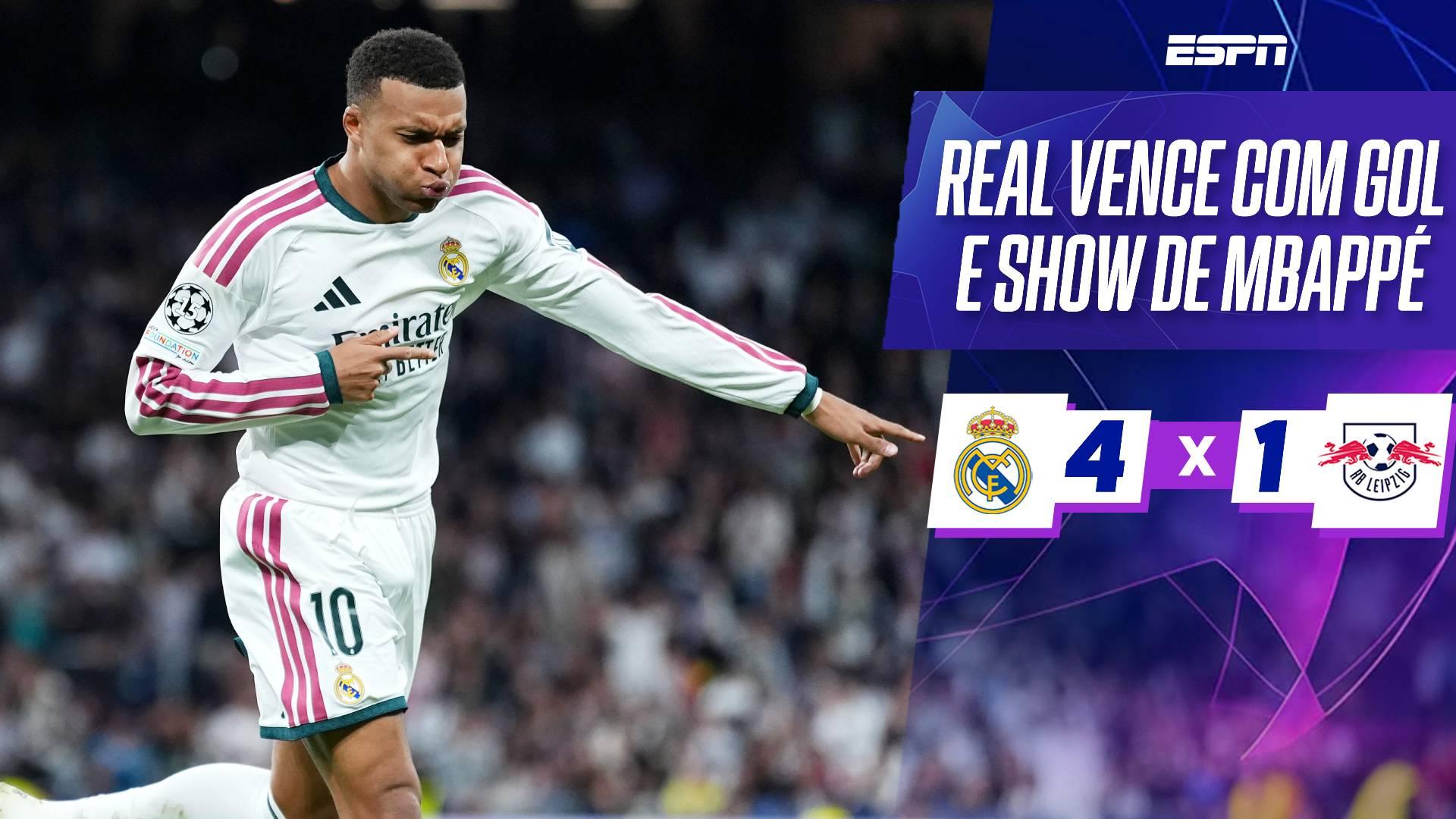 Real Madrid vence RB Leipzig com gol e assistência de Mbappé e segue 100% na Champions League