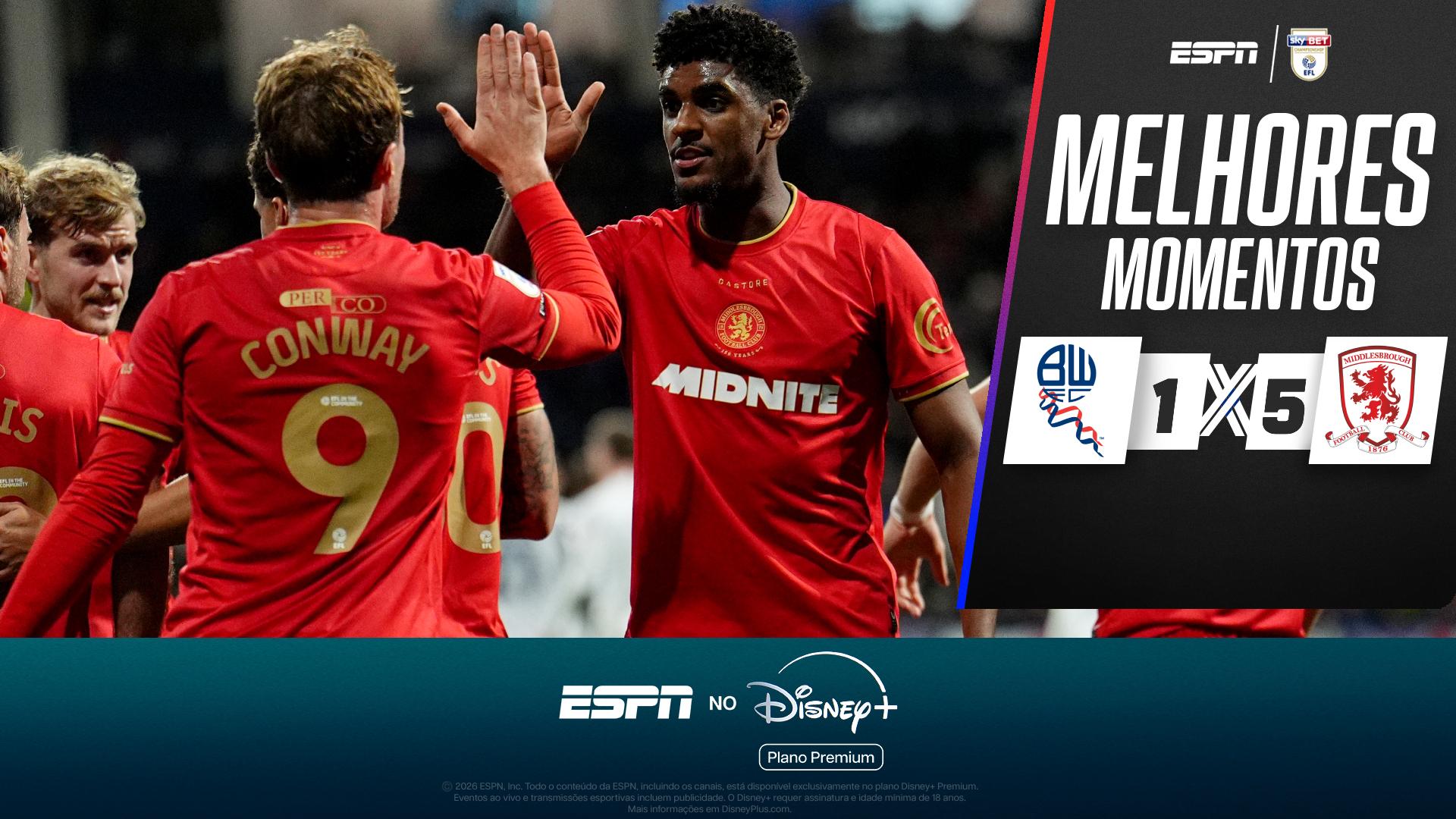 Middlesbrough goleia Bolton Wanderers fora de casa e segue na liderança da Championship; VEJA os melhores momentos