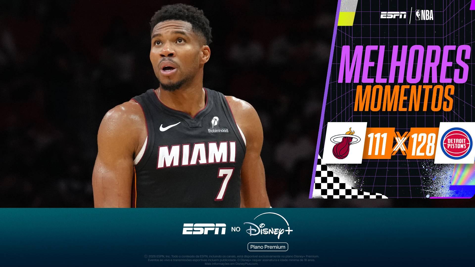 Giannis Antetokounmpo anota 36 pontos e pega 12 rebotes, mas Heat perde para os Pistons pela NBA; VEJA os melhores momentos