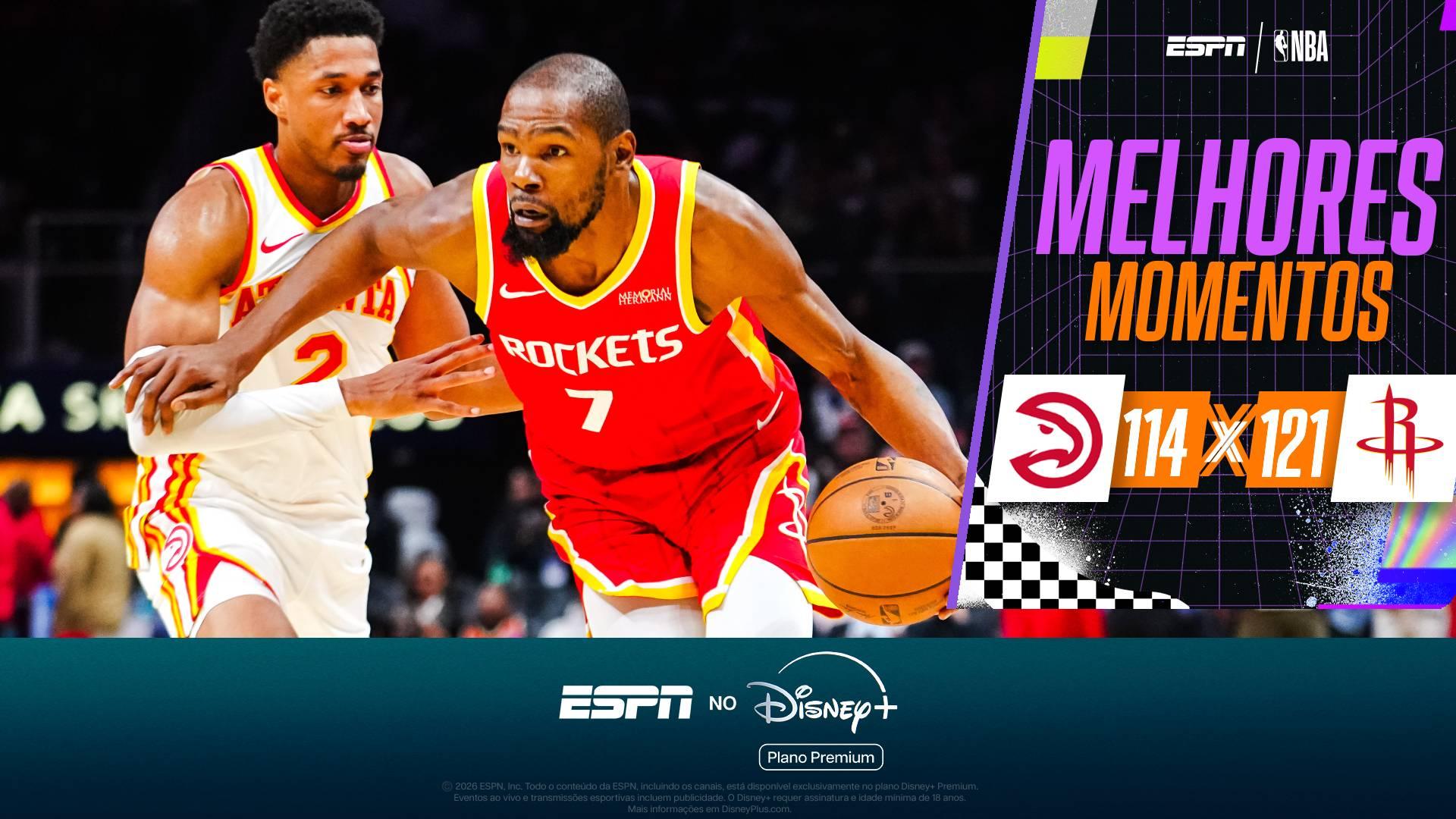 Kevin Durant brilha com 22 pontos, comanda vitórias dos Rockets contra os Hawks em Atlanta e segue 100% na NBA